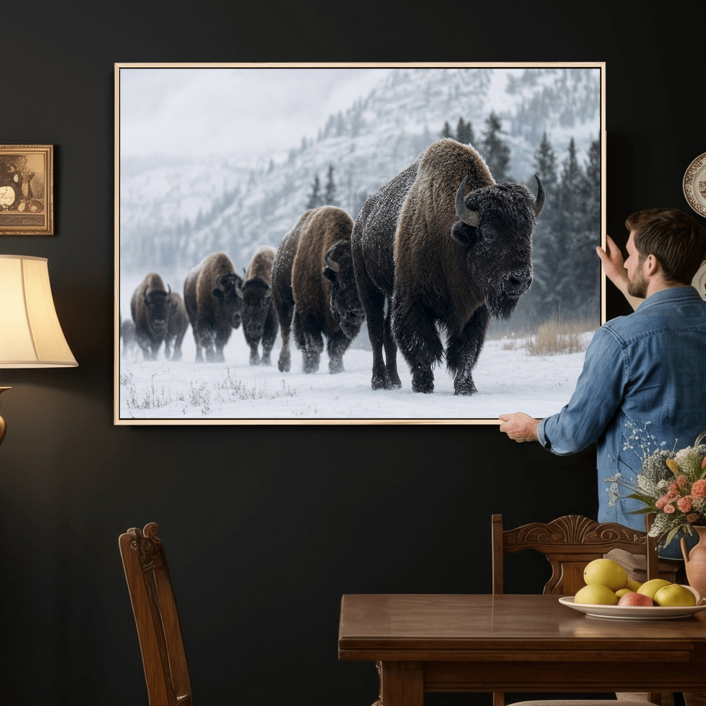 18343289-MGV-CV-36X24 - Rustic Bison Wall Art, American Buffalo Photo Print, Wildlife Canvas Artwork, Snowy Mountain Decor, Large Nature Poster, Cabin Gift Idea