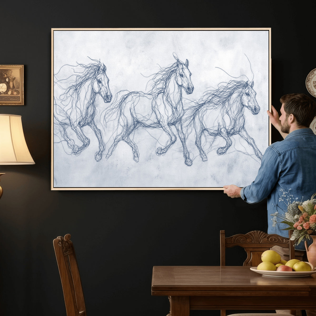 41163601-MGV-CV-36X24 - Indigo Blue Horse Line Art Canvas, Steel Grey Wild Horses Print, Abstract Navy Scribble Artwork, Modern Slate Equine Wall Decor, Coastal Ranch Gift