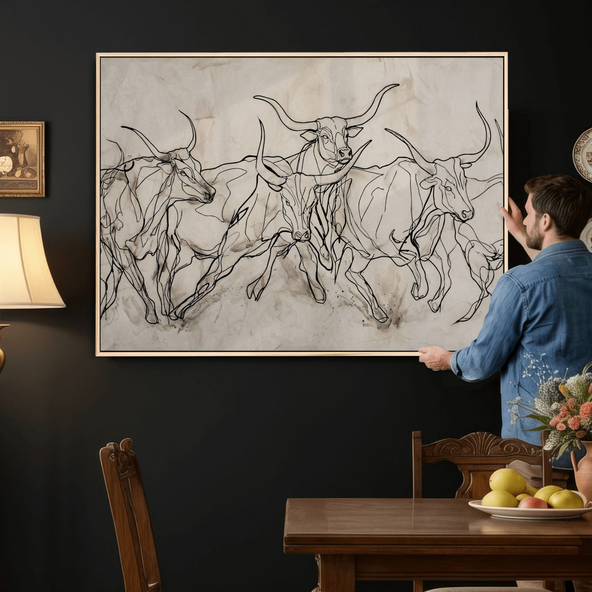 16671245-MGV-CV-36X24 - Minimalist Longhorn Line Art, Modern Texas Bull Canvas Print, Abstract Western Wall Decor, Continuous Line Artwork, Black White Ranch Gift