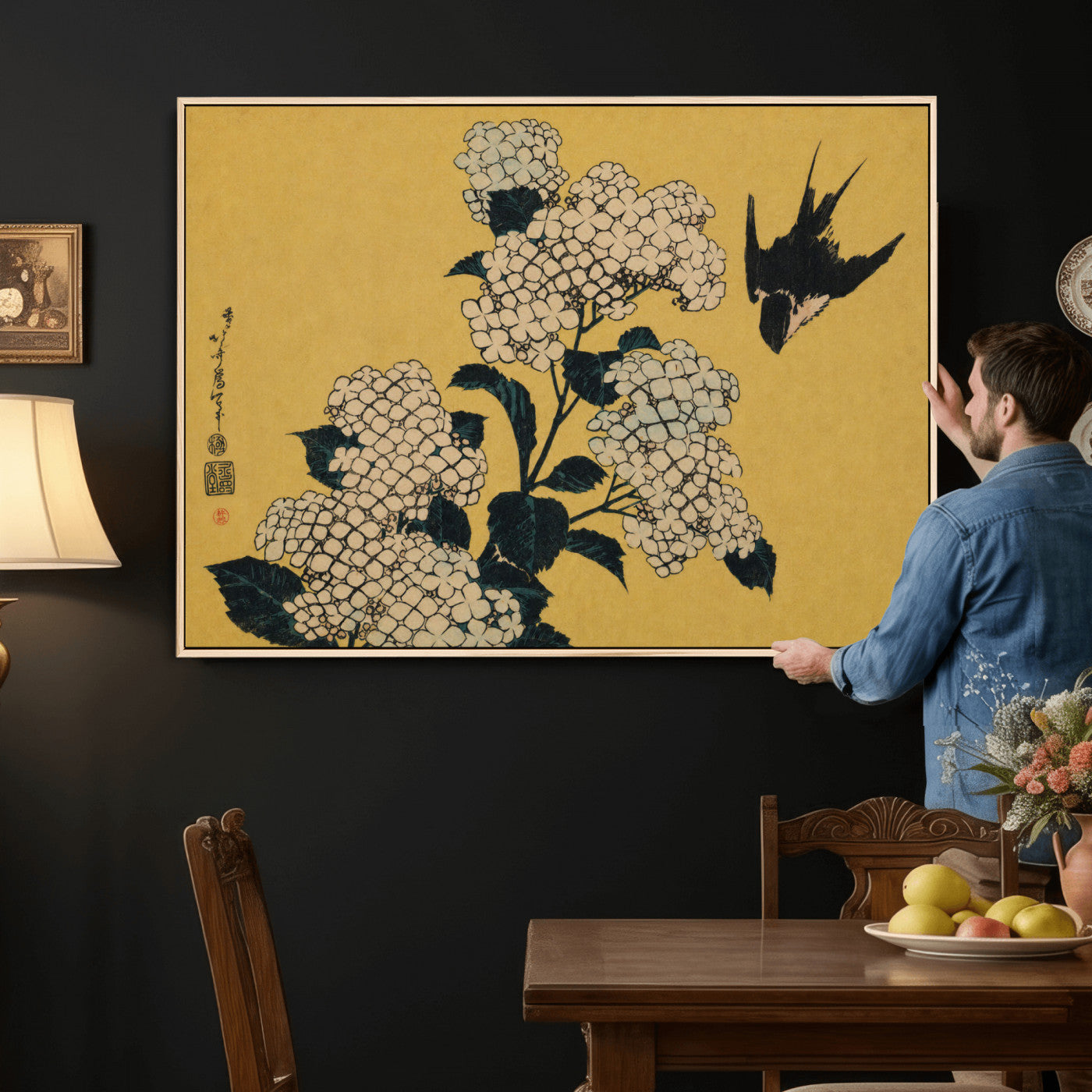92483501-MGV-CV-36X24 - Katsushika Hokusai Hydrangea and Swallow Wall Art Canvas Print, Japanese Woodblock Painting Print