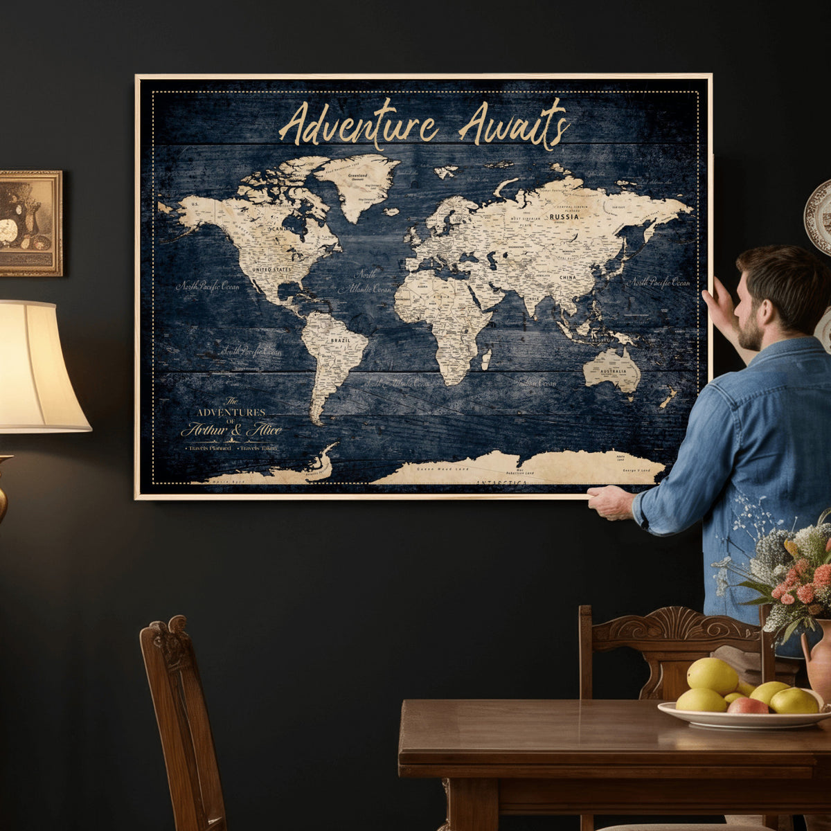 68817382-MGV-CV-36X24 - Extra Large Vintage Personalized Push Pin World Map Wall Art Canvas Print