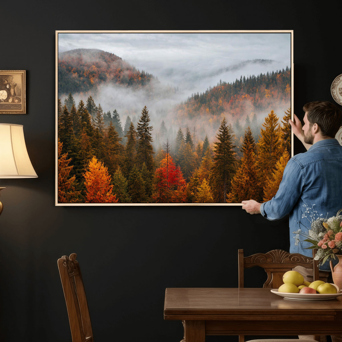 87481341-_Poster-30x20 - Foggy Autumn Mountain Canvas Print Smoky Pine Forest Wall Art Panoramic Nature Poster 3 Piece Made in USA
