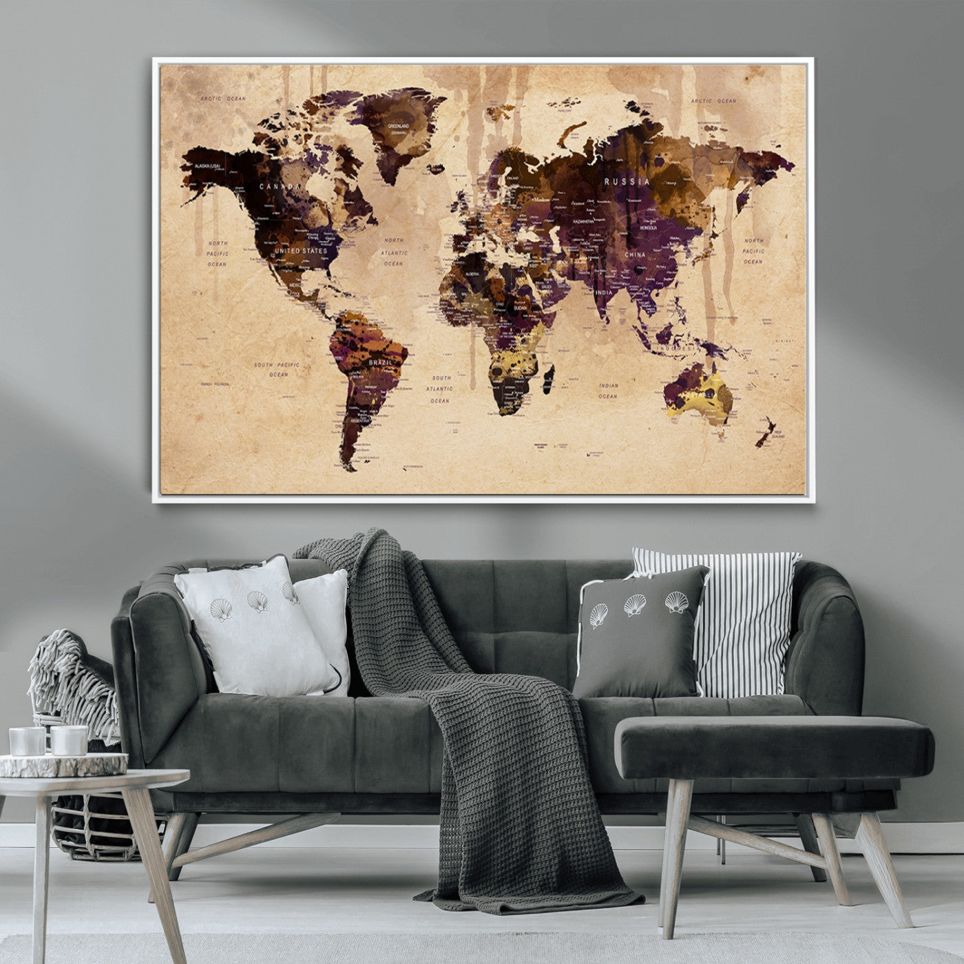 47333-MGV-CV-36X24-Vintage World Map Canvas Wall Art – Framed Push Pin Travel Map for Home and Office Decor