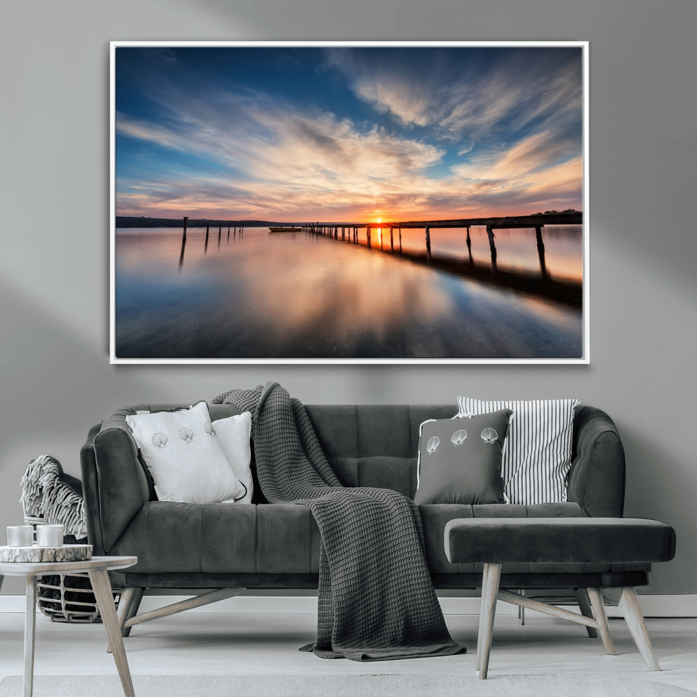 39967-MGV-CV-36X24-Wooden Pier on Seascape and Sunset Wall Art Canvas Print