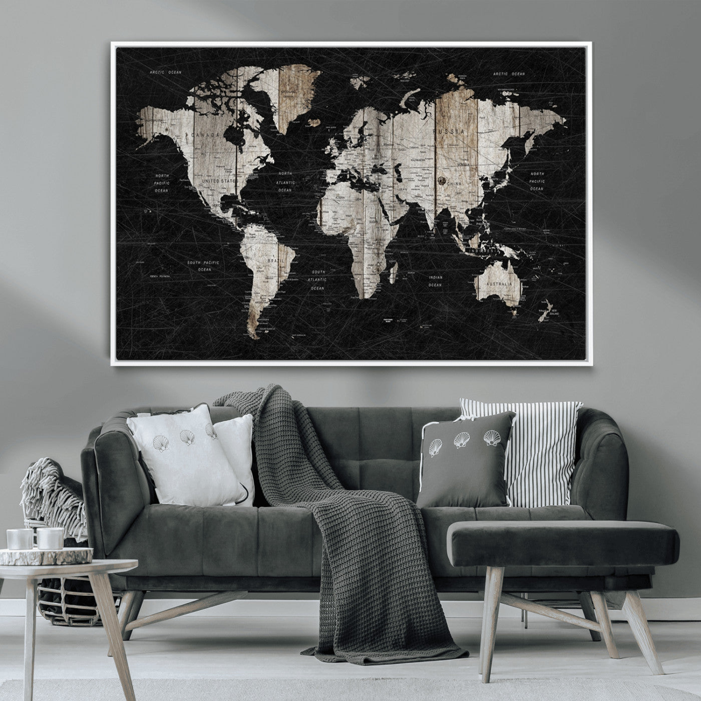 89998-MGV-CV-36X24-Rustic Black and Wood World Map Canvas Wall Art – Framed Push Pin Travel Map for Home and Office Decor, Modern Vintage Wall Artwork