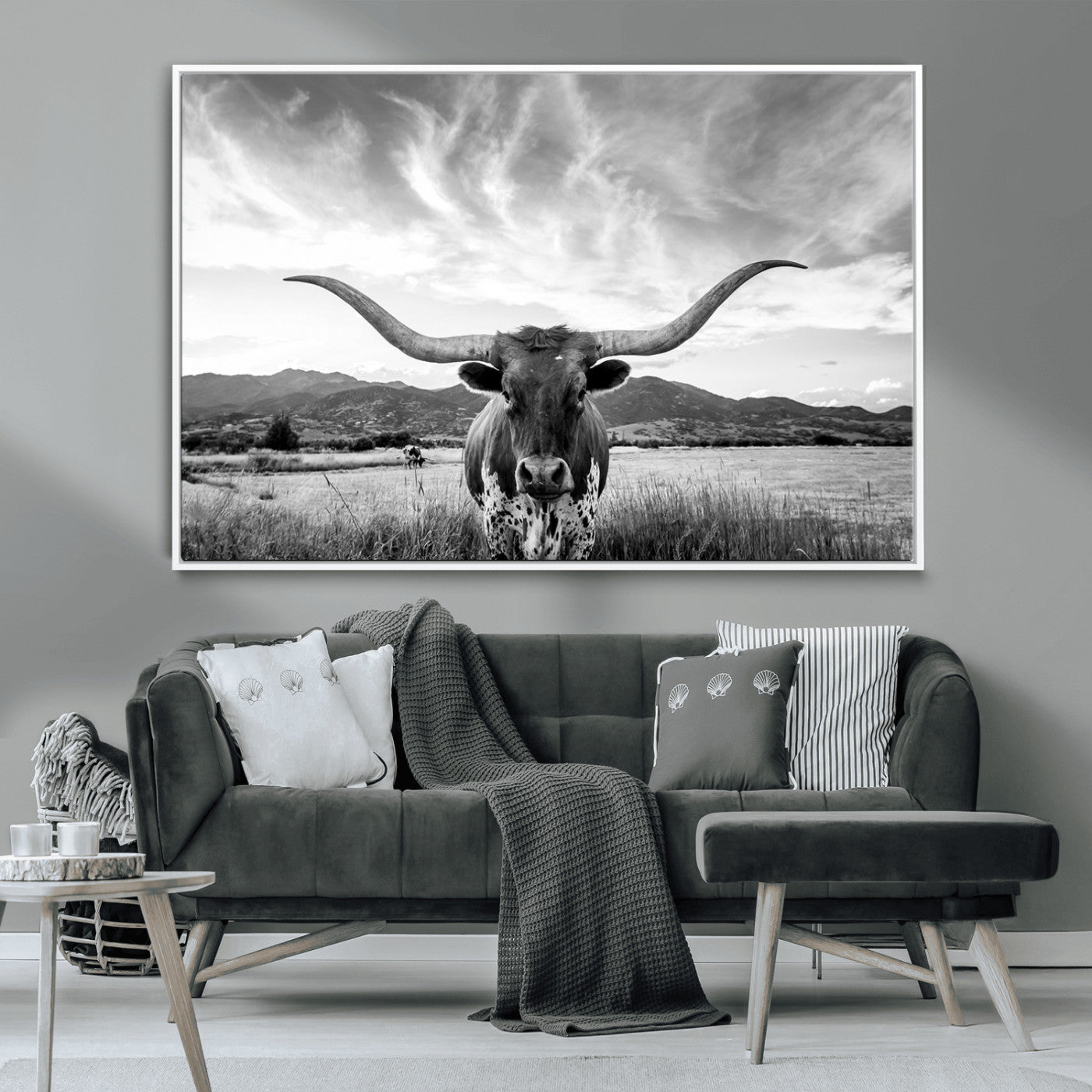 79527-MGV-CV-36X24-Longhorn Black and White Wall Art – Rustic Western Bull Canvas Print, Farmhouse Country Decor for Living Room, Office or Ranch, Cowboy Wall Artwork