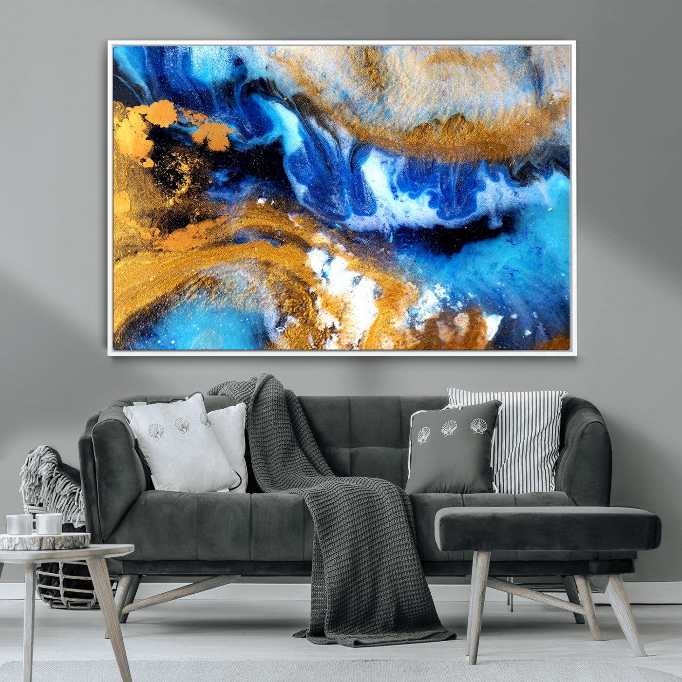 42100-MGV-CV-36X24-Blue Orange Marble Fluid Effect Canvas Wall Art Print