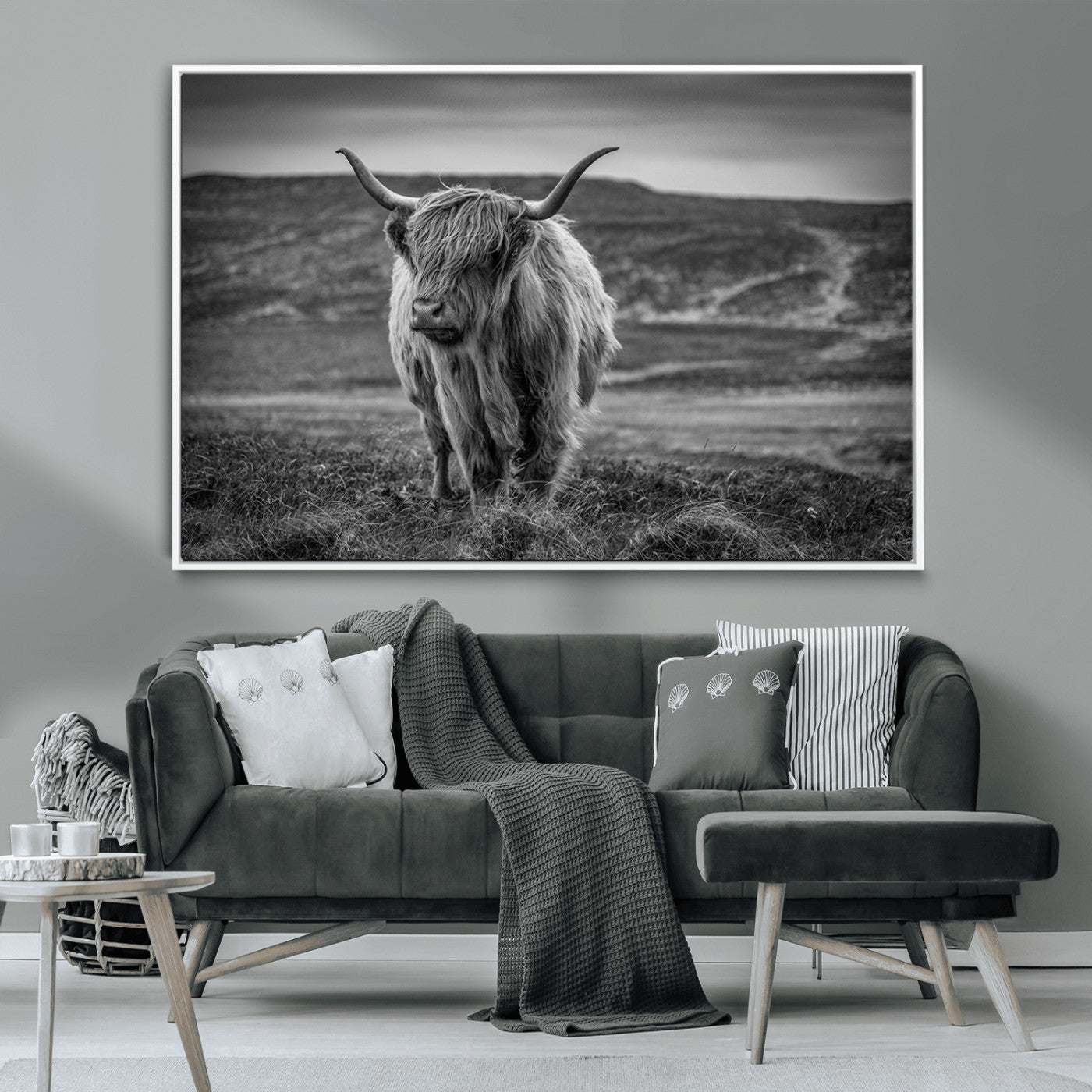 -Fluffy Cattle Wall Art Print, Highland Cow Canvas, Framed Black and white Wall Art