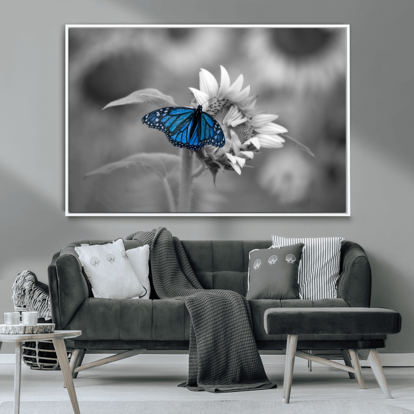 -Blue Butterfly Black and White Canvas Wall Art
