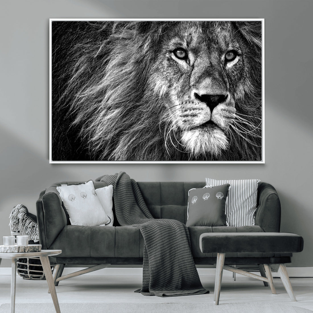 Black and White Lion Canvas Wall Art Print | Wildlife Portrait