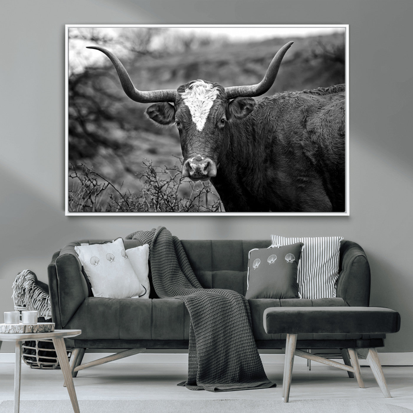 -Western Home Wall Art Canvas Print, Framed Texas Longhorn Art Picture Print, Rustic Cow Perfect Rustic Farmhouse Decor Artwork