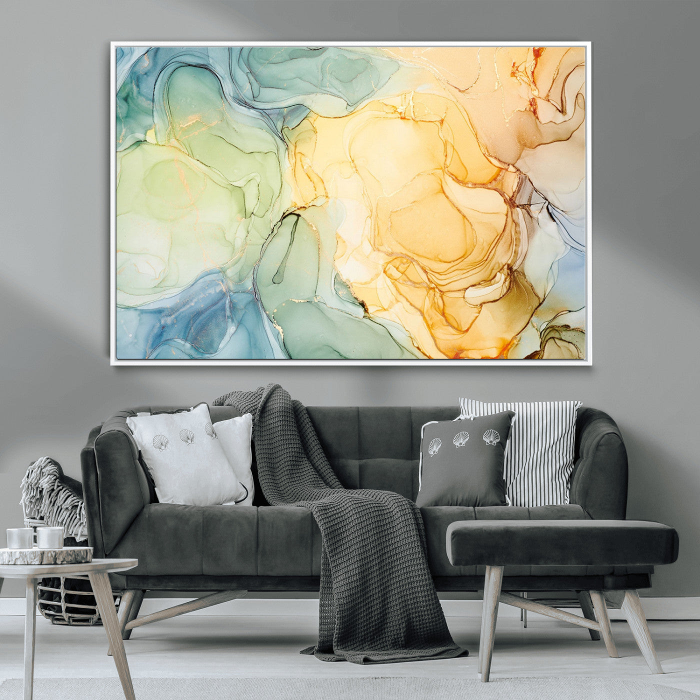 42195-MGV-CV-36X24-Green and Yellow Marble Fluid Effect Wall Art, Green and Yellow Marble Canvas Wall Art Print