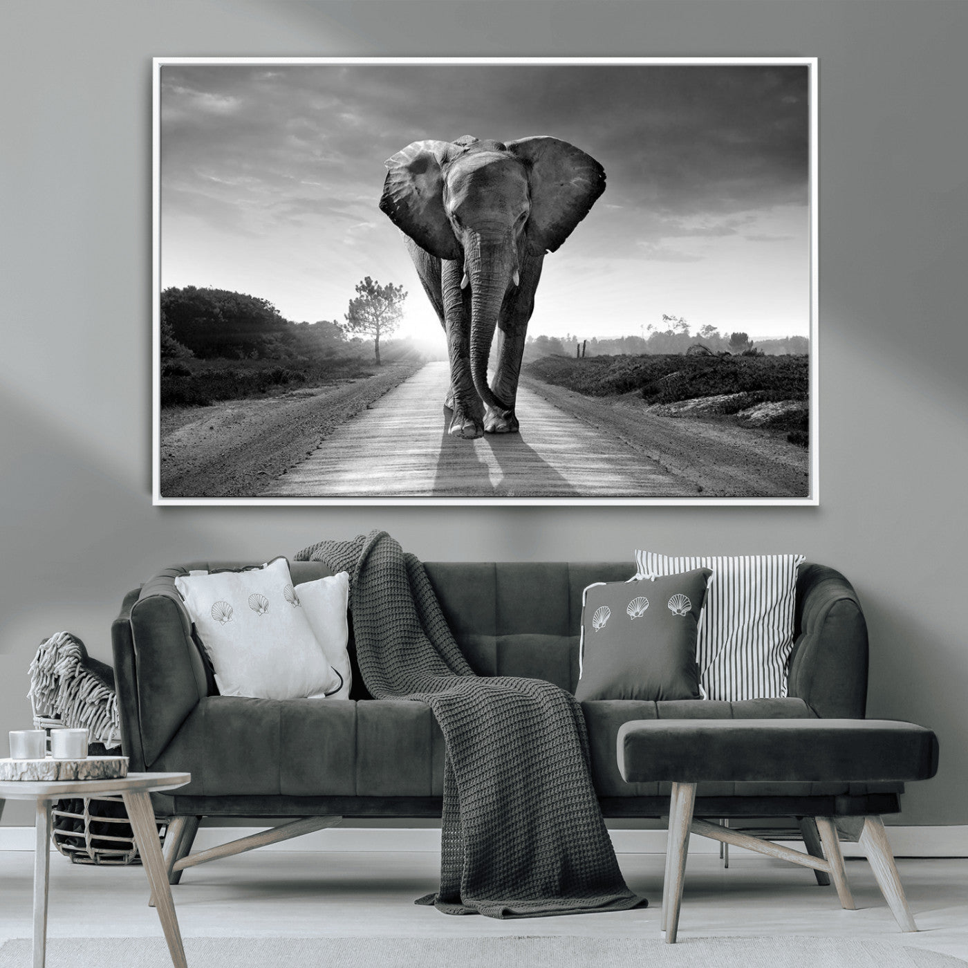 -Black and White Elephant Wall Art Canvas Print