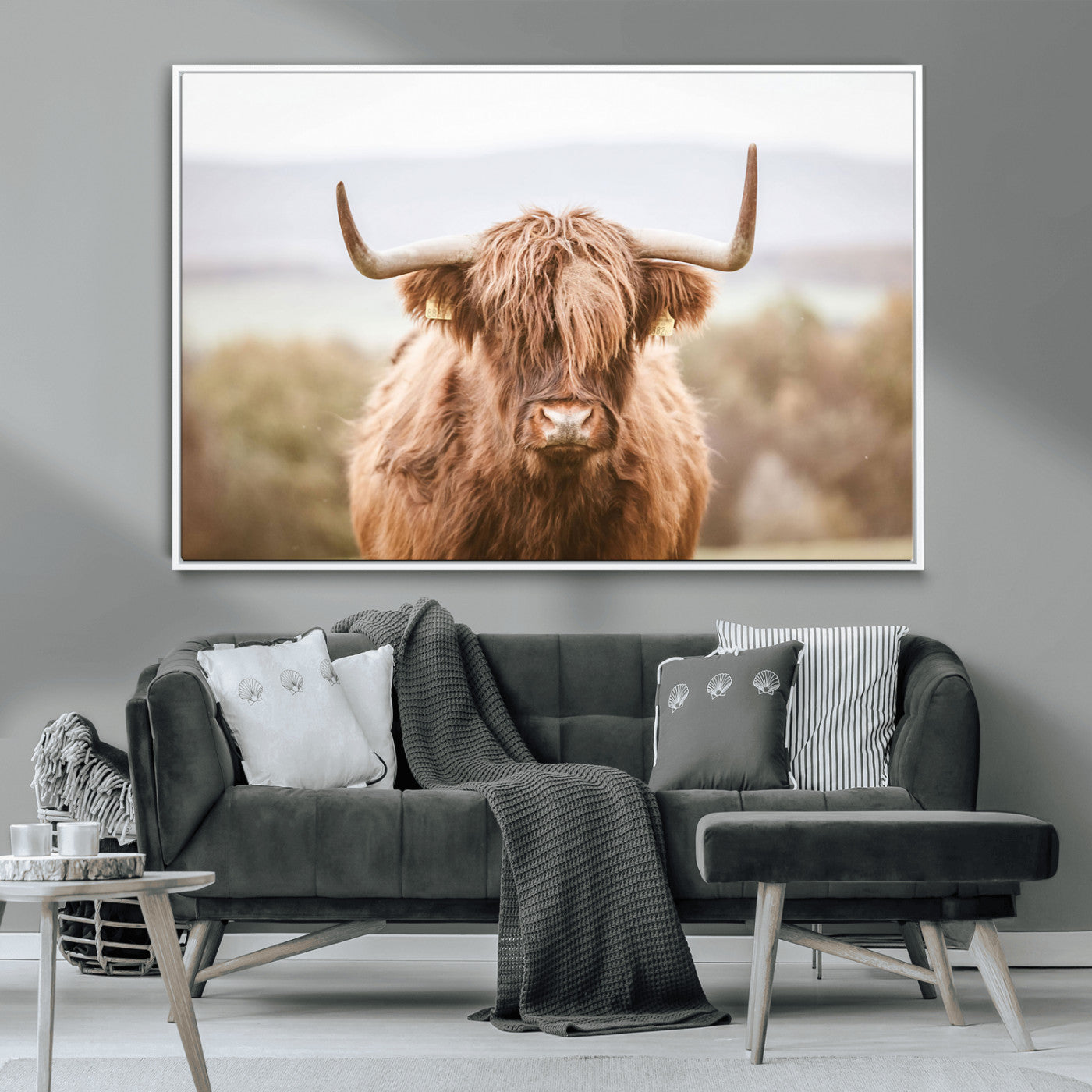 -Scottish Serene Highland Cow Canvas Wall Art – Serene Highland Cow in Natural Pastel Tones – Ready
