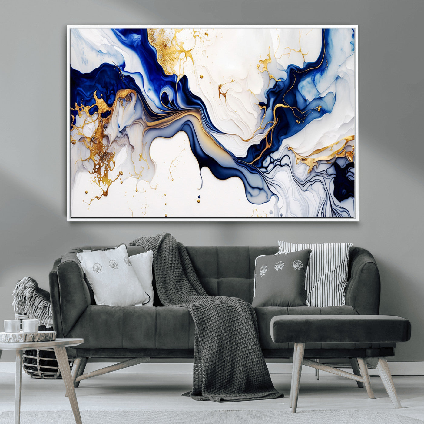 93392-MGV-CV-36X24-Golden Cascades on Midnight Blue – Deep Blue Abstract Wall Art Flowing Elegance | Wall Art Canvas,