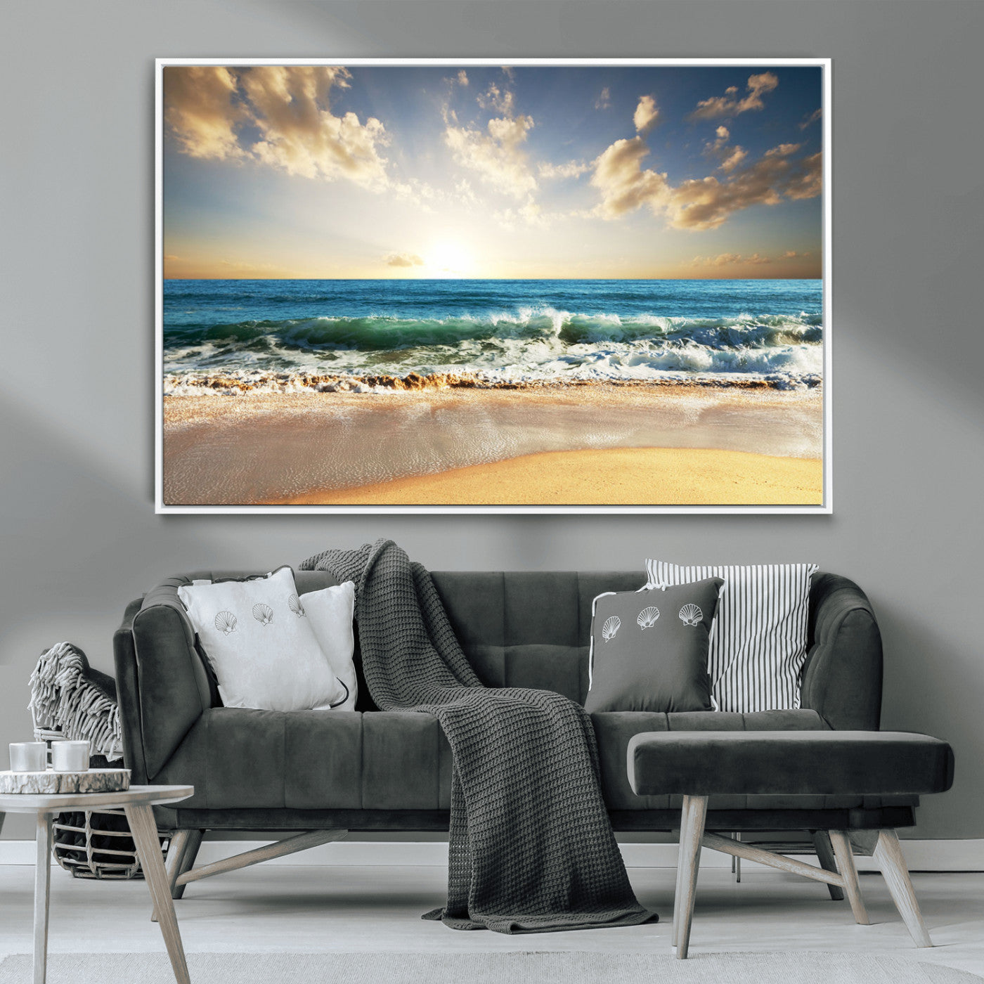 83376-MGV-CV-36X24-Golden Sunset Beach Triptych Canvas Wall Art for Living Room – 3-Panel Ocean View, Framed & Ready to