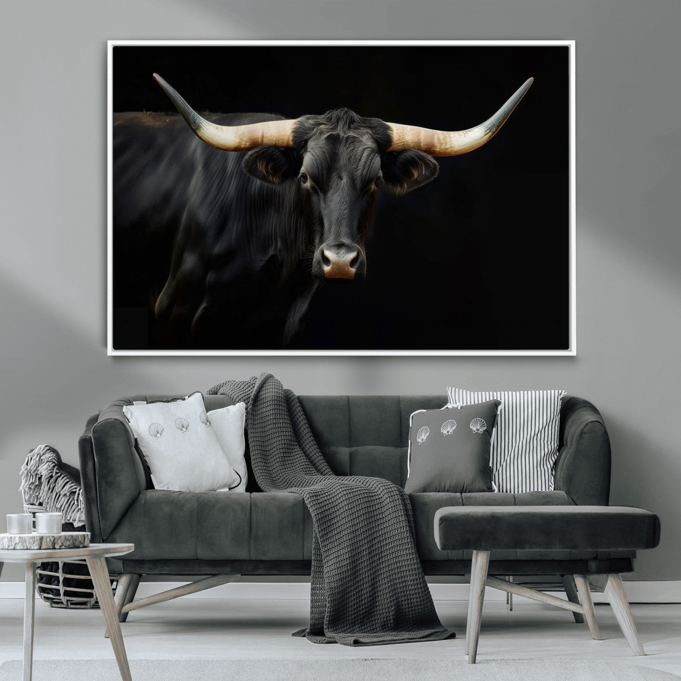 -Black Bull Wall Art – Majestic Longhorn Canvas Print with Dark Background, Rustic Western Farmhouse Decor for Living Room or Office