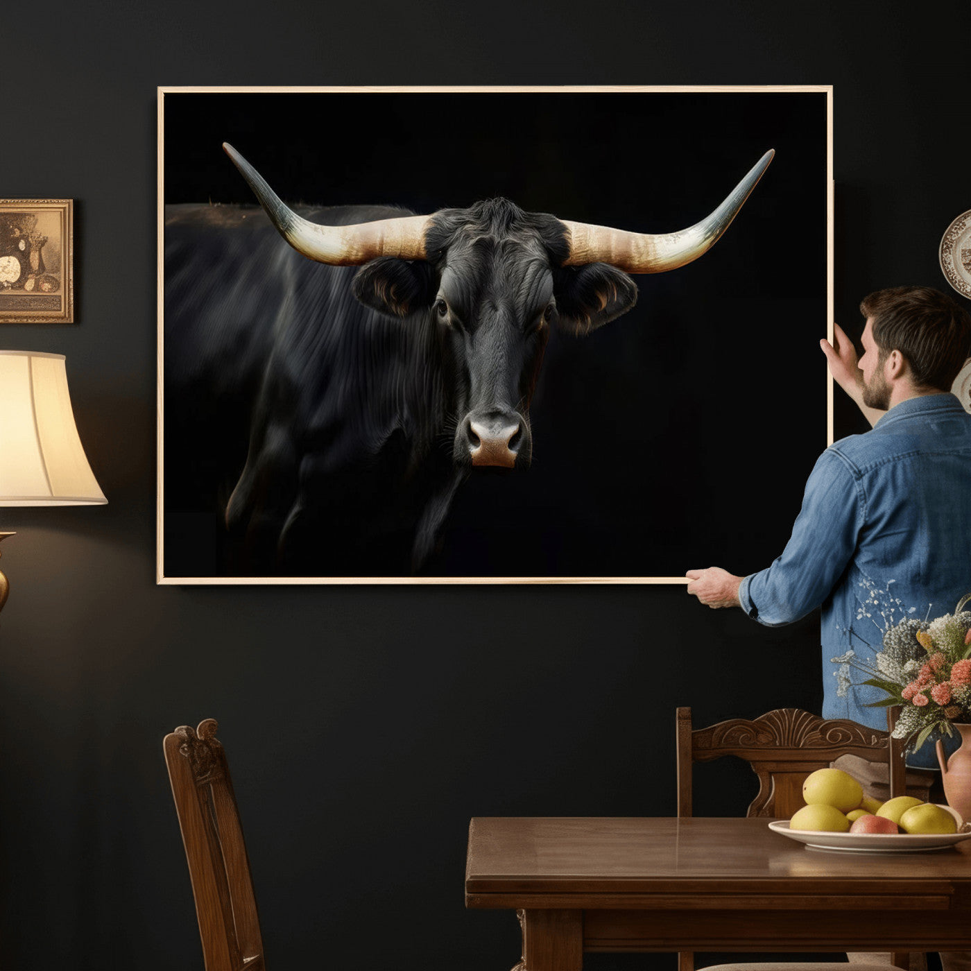 63798-MGV-CV-36X24 - Texas Longhorn Cow | Majestic Black Bull Wall Art Canvas Print - Farmhouse Animal Decor - Ready to