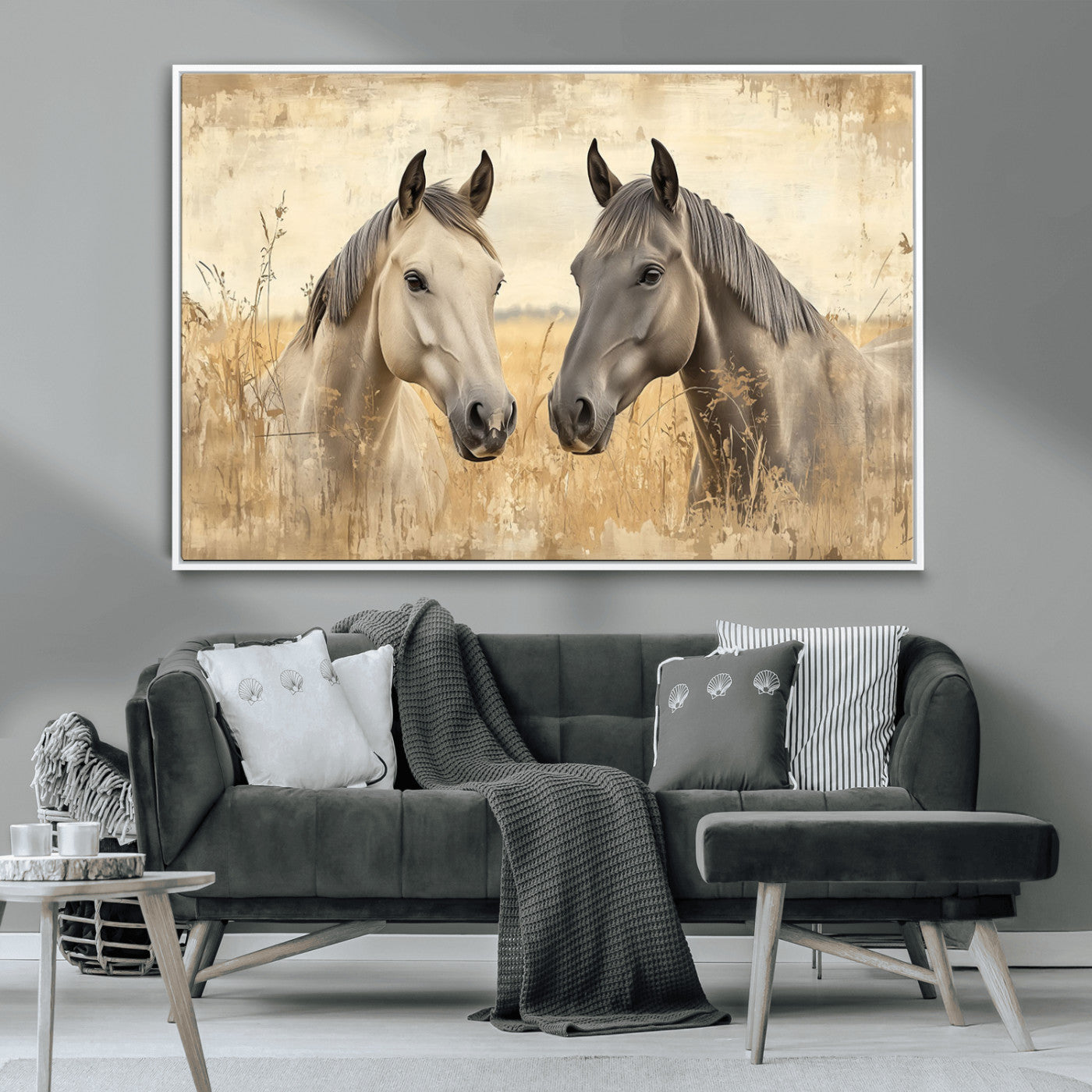 -Chines Ink Style Grunge Horses Wall Art Canvas Print