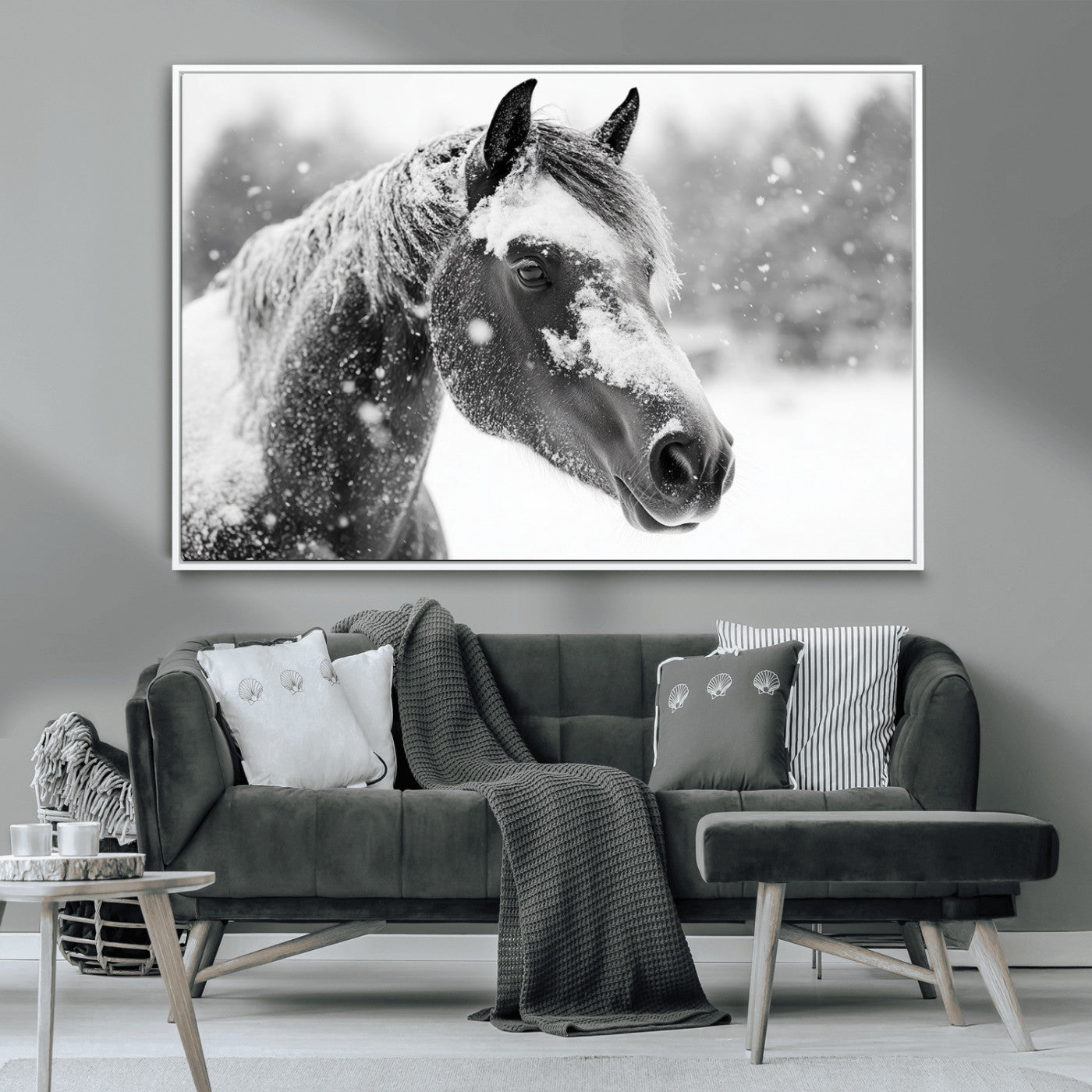 13358-MGV-CV-36X24-Black Horse Winter Wall Art | Ready to Hang and Framed | Farmhouse and Western Wall Decor for Living Room