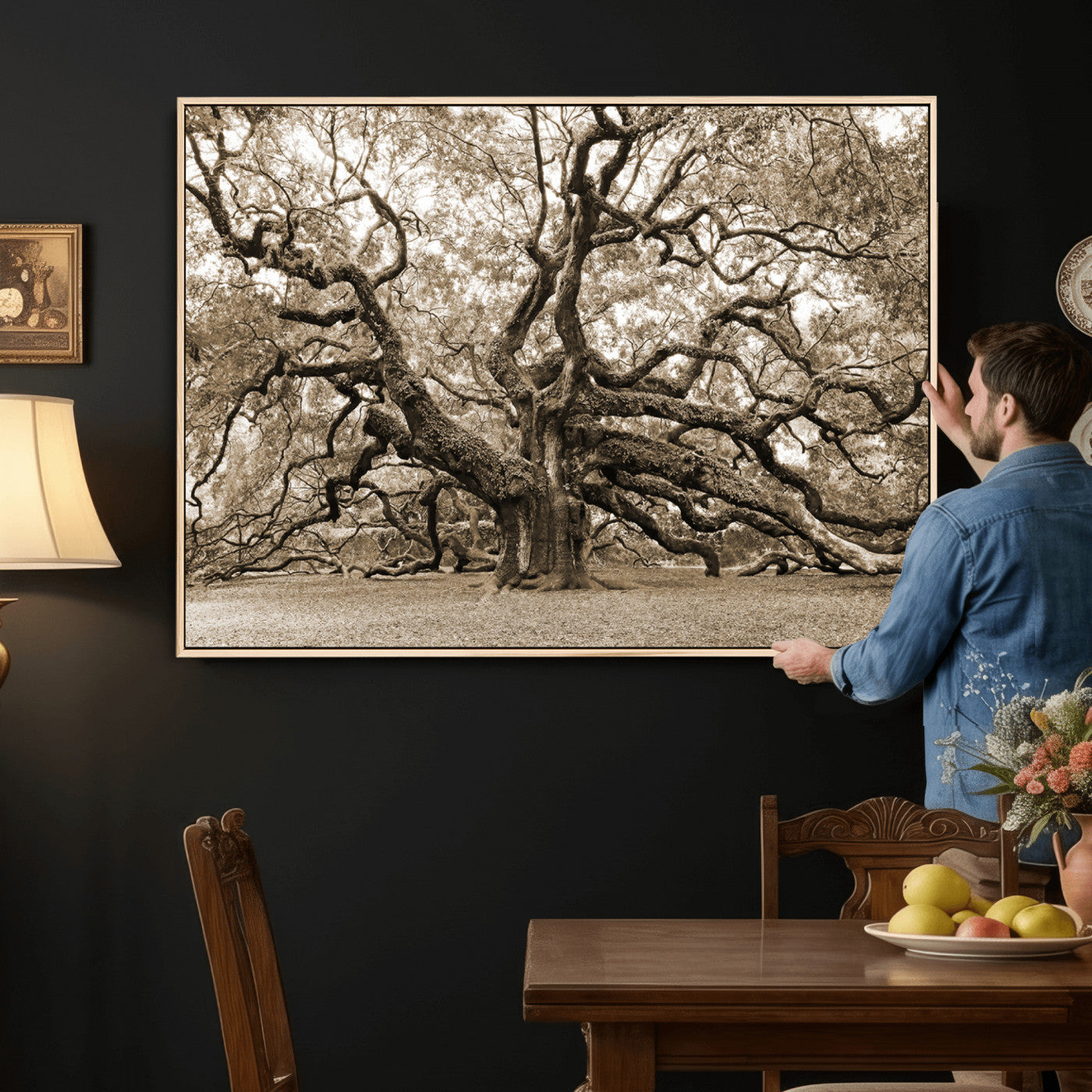 51126-MGV-CV-36X24 - Sepia Framed Angel Oak Tree Wall Art - 3-Panel Canvas Prints, Large Green Nature Artwork, Ready to