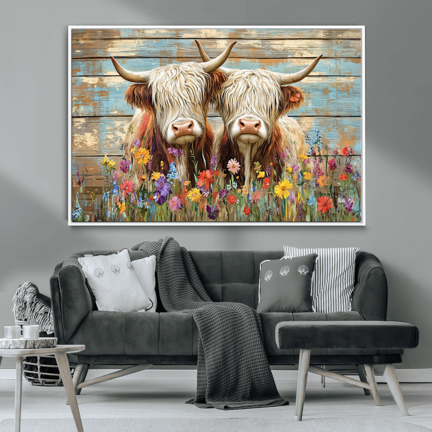 36972-MGV-CV-36X24 - Cute Highland Cow Canvas Wall Art - Rustic Farmhouse Decor with Colorful Flowers Perfect Wall Art
