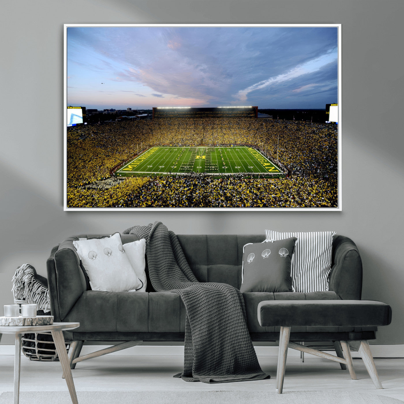 82641-MGV-FC-36X24 - Michigan Stadium Wall Art Canvas Print, Vibrant Game Day Crowd and Sunset Sky Football Field Artwork for Home, Office