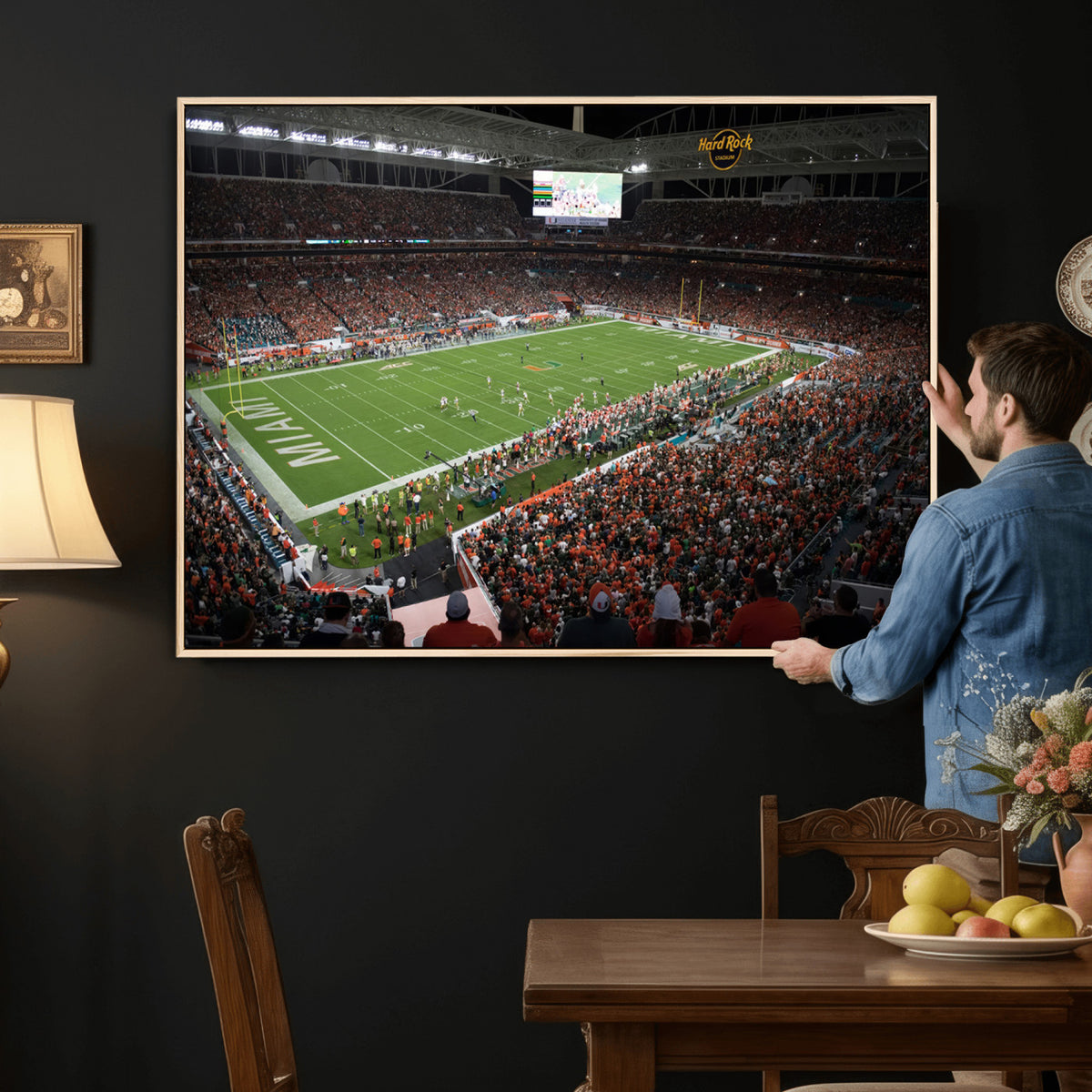 33698-PAN-FL-20X10 - Miami Hurricanes Football Team Print Canvas- Miami Hard Rock Stadium Wall Art Canvas Print