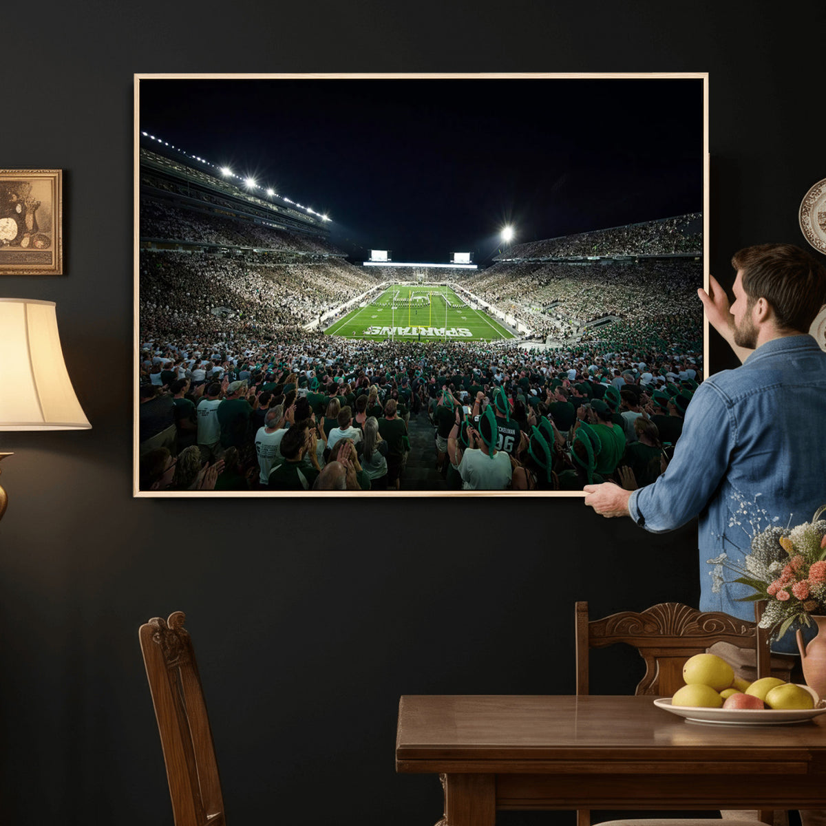 57523-PAN-FL-20X10 - Framed Michigan State Spartans Football Team Print - East Lansing Spartan Stadium Wall Art Canvas