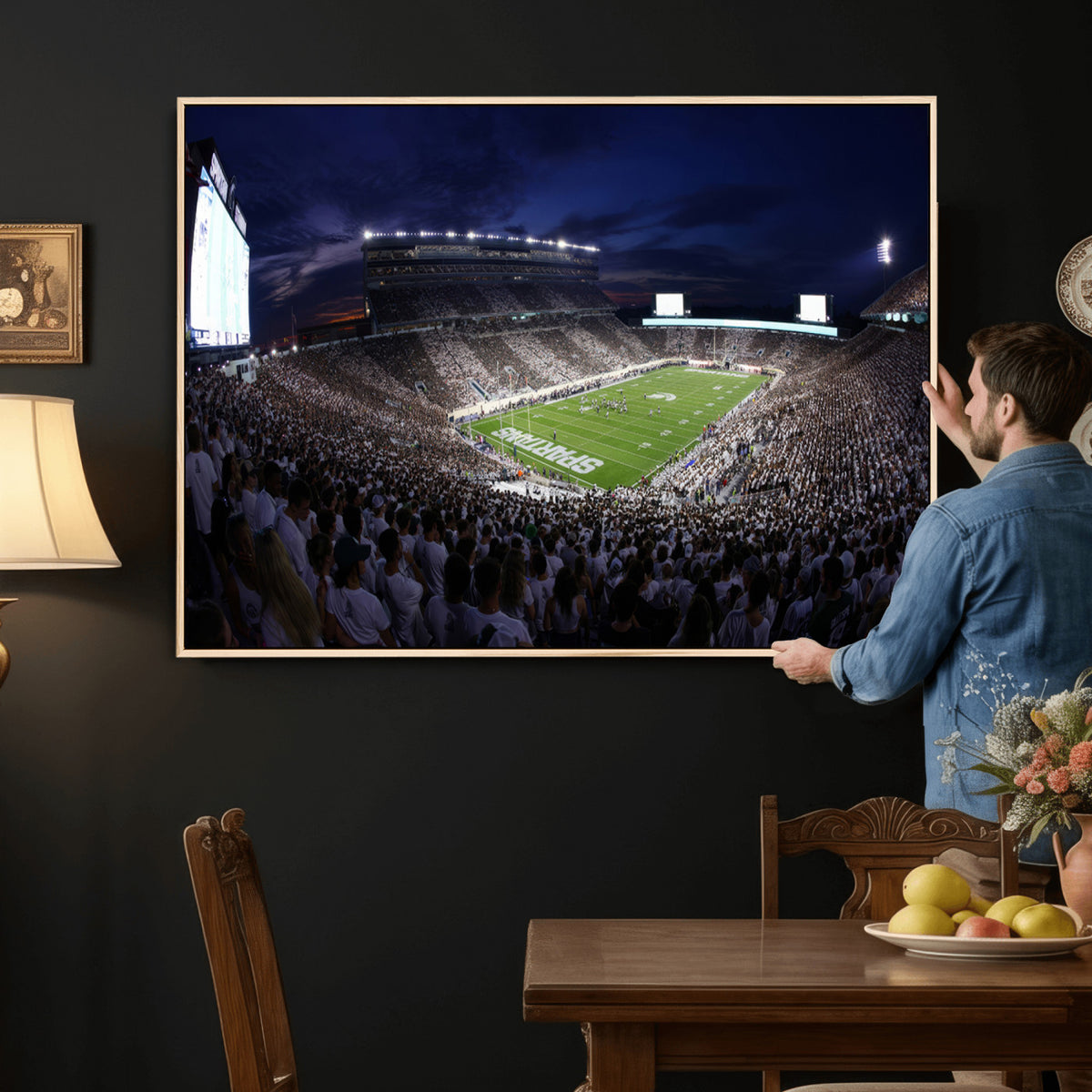 75193-PAN-FL-20X10 - Michigan State Spartans Canvas, Framed Football Team Print - East Lansing Spartan Stadium Wall Art