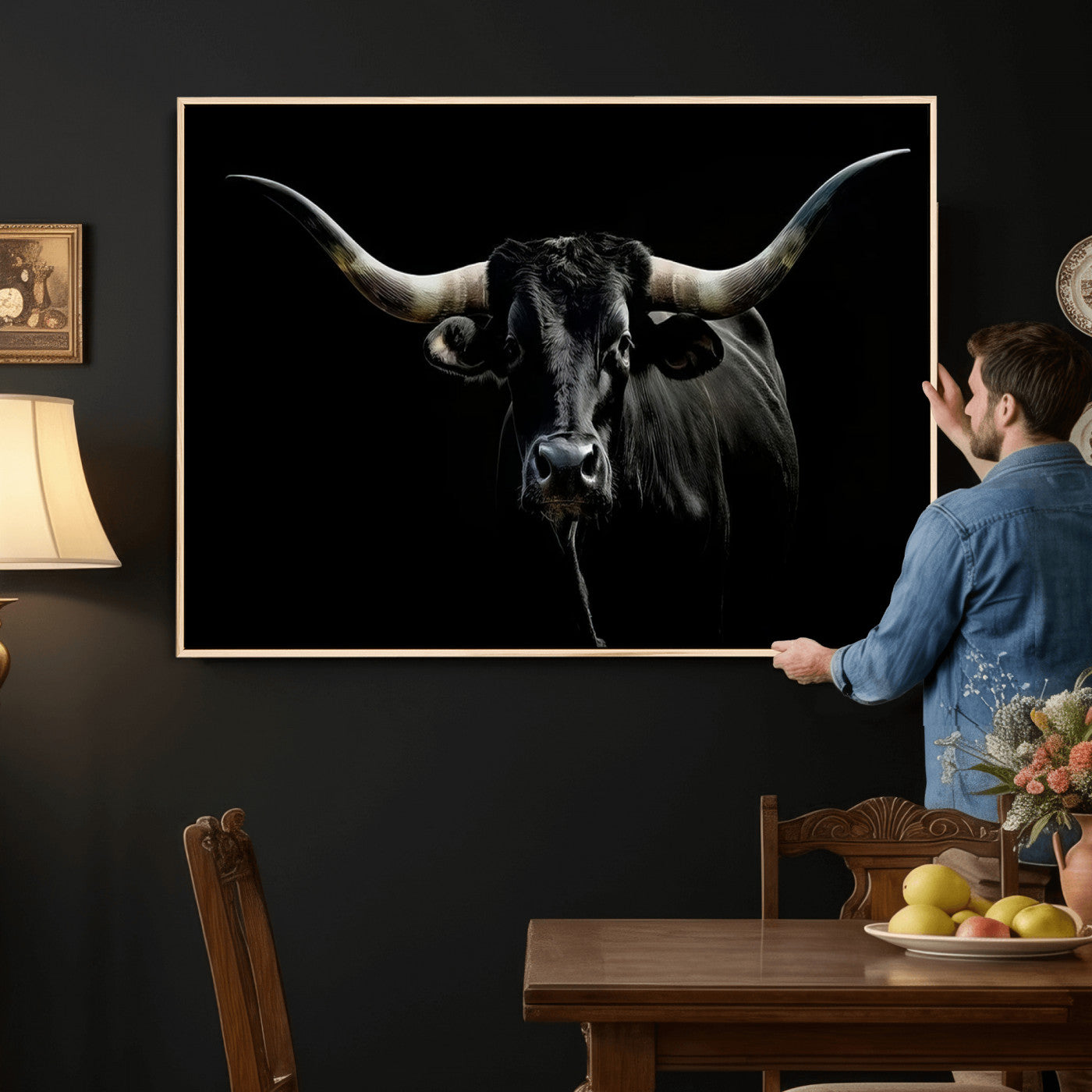 20679-MGV-CV-36X24 - Texas Black Longhorn Bull Wall Art Canvas Print - Western Texas Cattle Rustic Decor Print - Longhorn