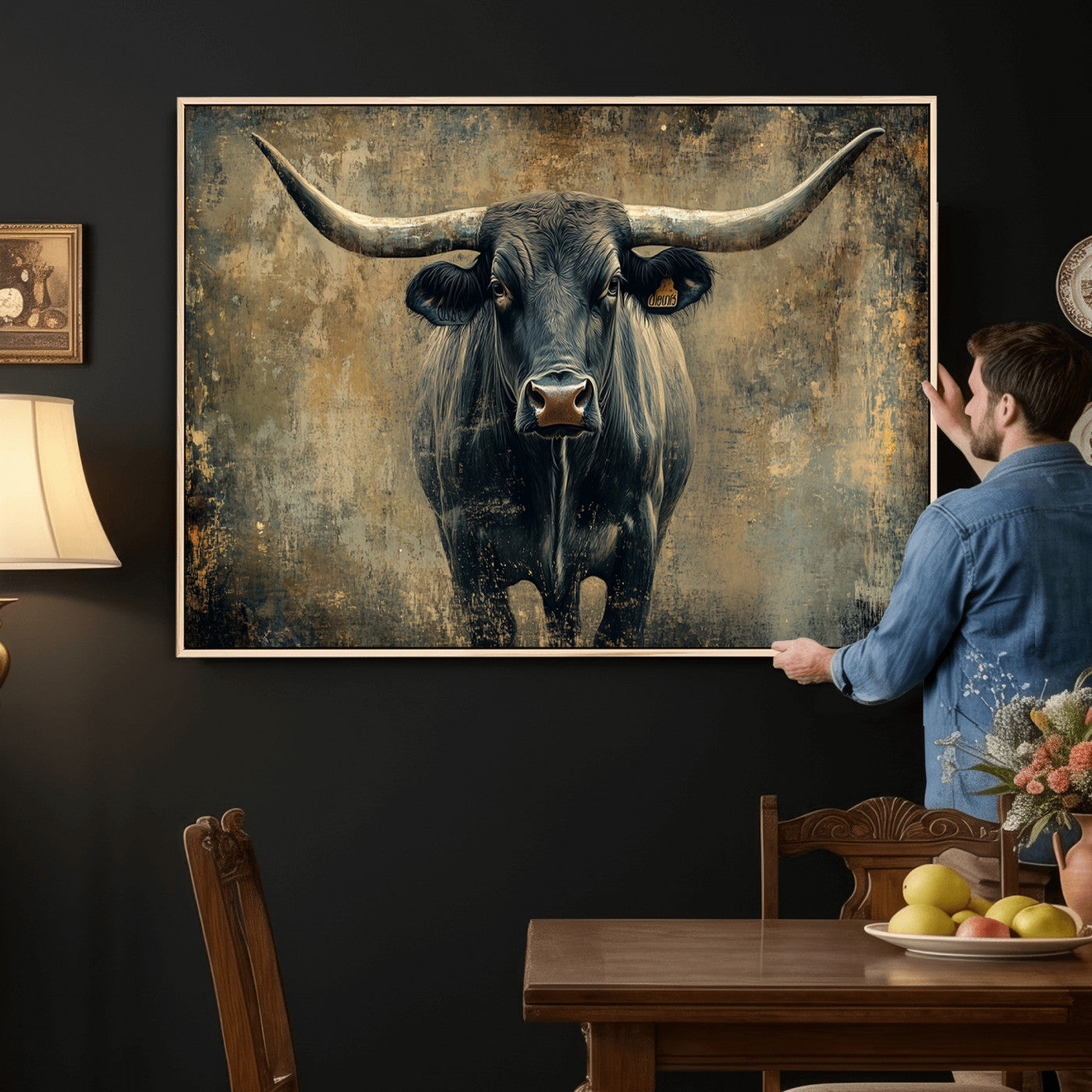 57385-MGV-CV-36X24 - Longhorn Bull Wall Art Canvas Print, Framed Rustic Cow Art Picture Print, Texas Longhorn Perfect Western Decor Artwork