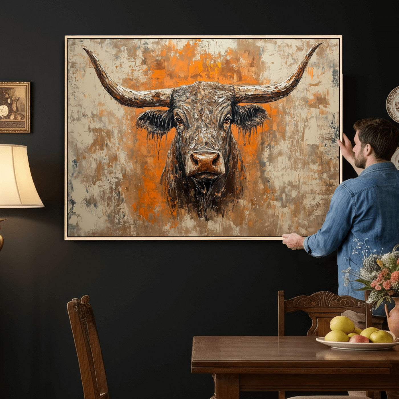 49976-MGV-CV-36X24 - Abstract Cow Longhorn Bull Wall Art Canvas Print - Rustic Texas Western Cattle Artwork