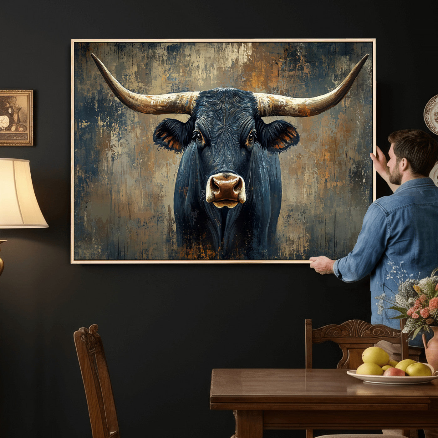 42026-MGV-CV-36X24 - Texas Western Wall Art Canvas Print - Abstract Cow Longhorn Bull Wall Art Canvas Print - Rustic Cow