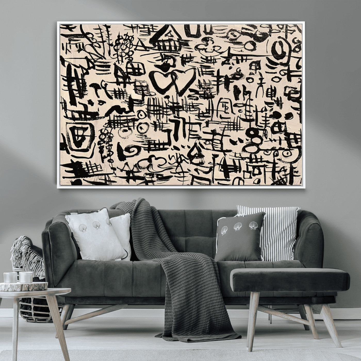 68273-MGV-FC-36X24 - Abstract Love and Chaos Canvas Print, Black Symbols on Beige