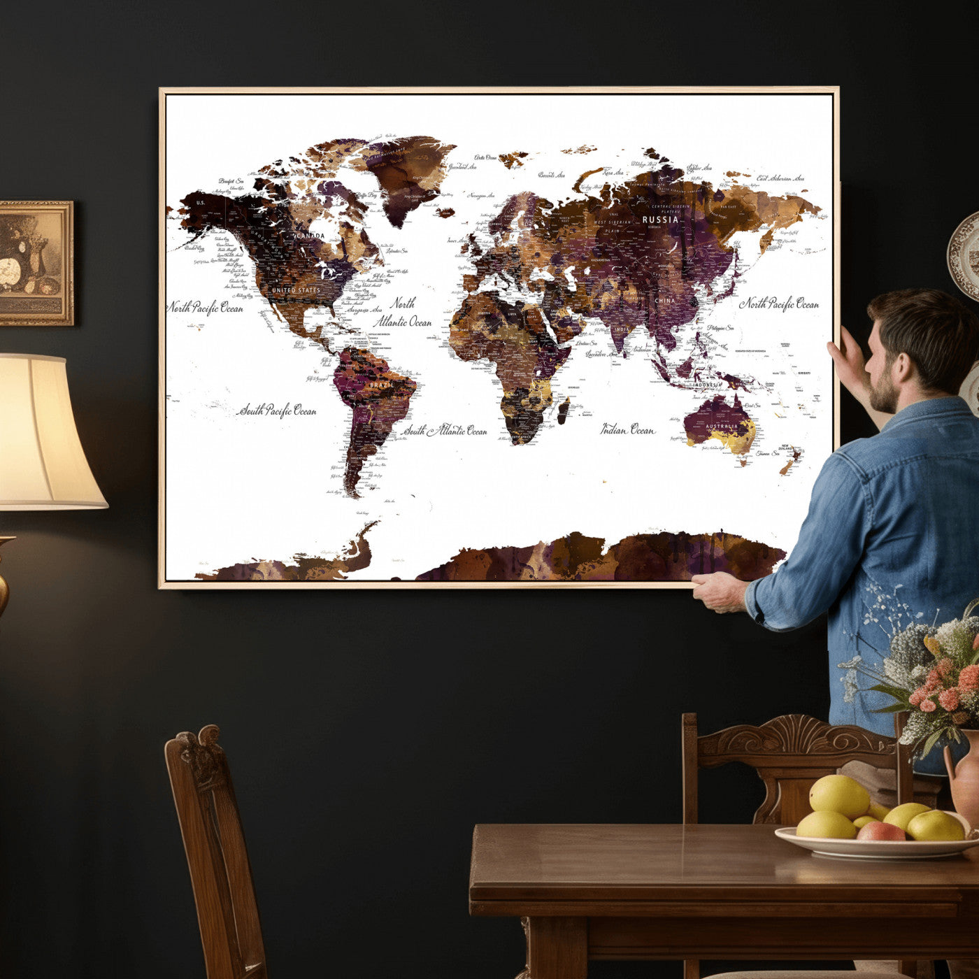 50611-MGV-CV-36X24 - Push Pin World Map Canvas Print – Framed Wall Art for Couples to Track Their Travels – Anniversary