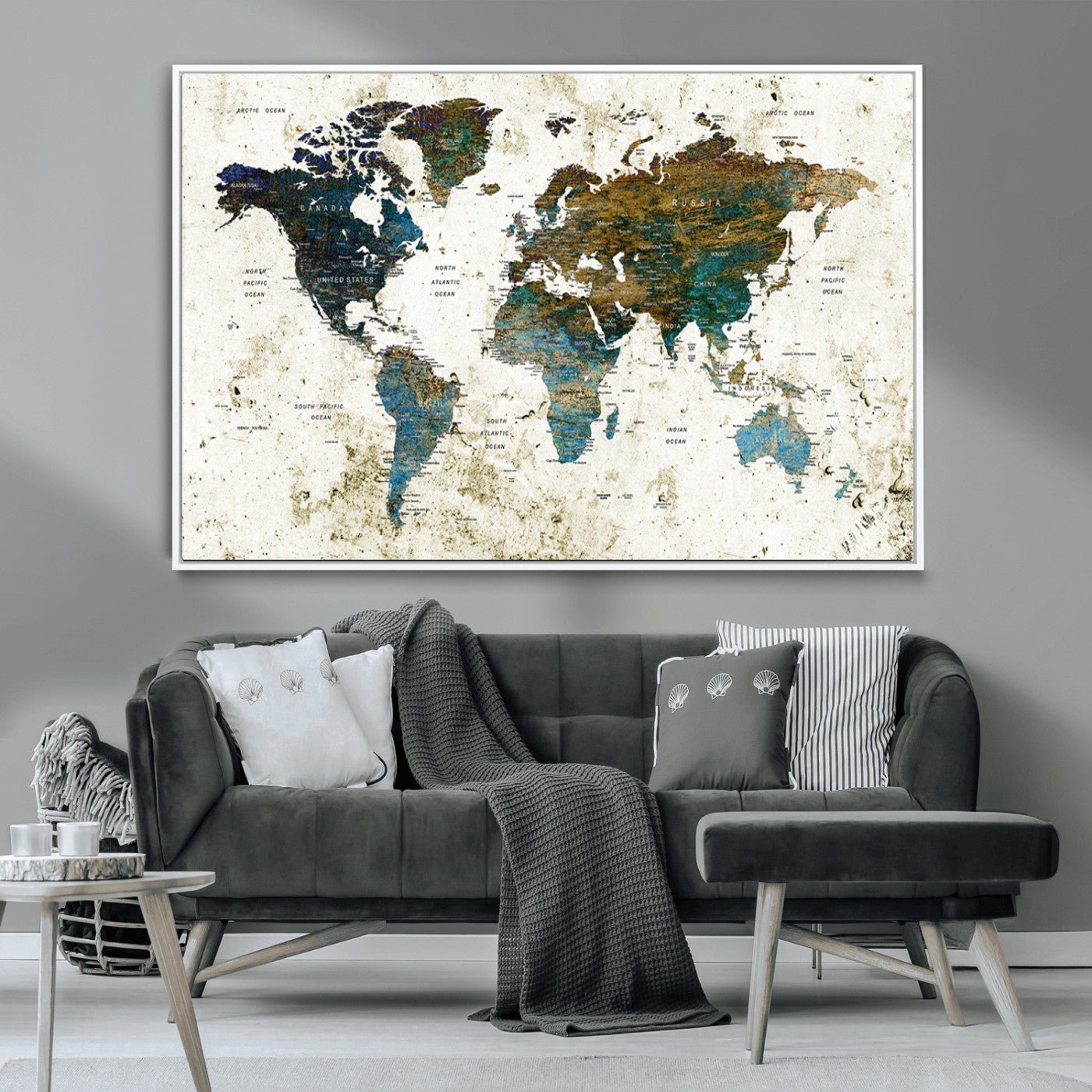 89176-MGV-CV-36X24-Vintage Blue and Brown World Map Canvas Wall Art – Framed Rustic Map Print, Earth Tone Travel Decor for Stylish Home and Office Walls