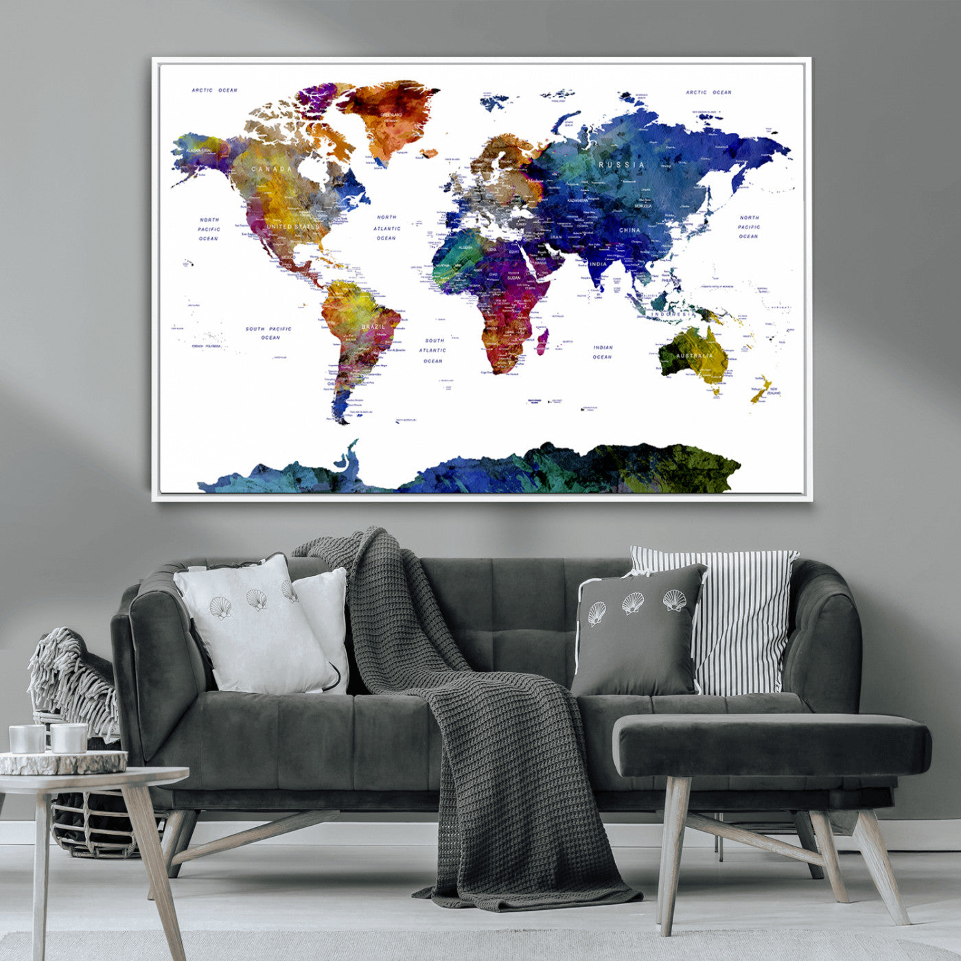 90446-MGV-CV-36X24-Colorful Watercolor World Map Canvas Wall Art – Framed Modern Push Pin Travel Map for Home and Office Decor