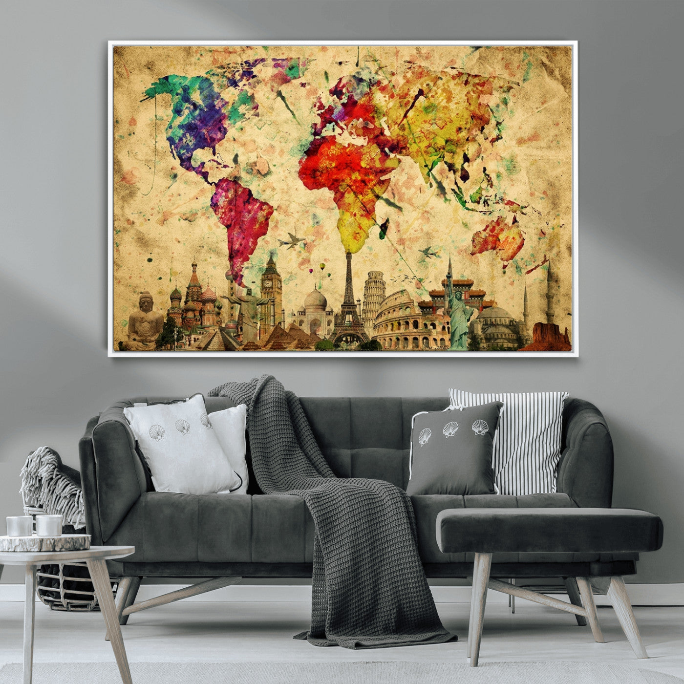24467-MGV-CV-36X24-Colorful Watercolor World Map Canvas Wall Art – Framed Landmark Travel Map Print, Vibrant Global Artwork for Home and Office Decor