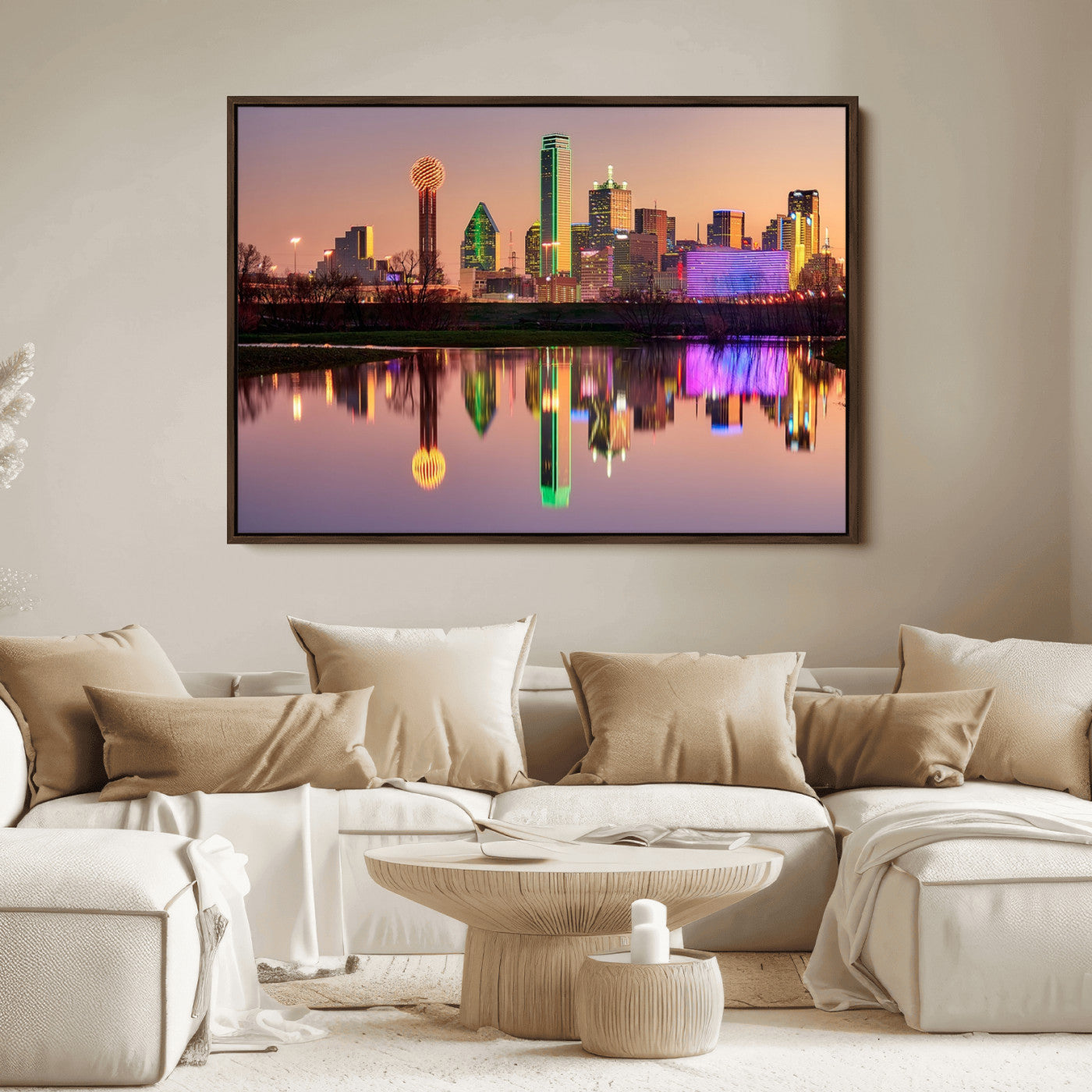 73925-MGV-FC-36X24_Walnut-Colorful Dallas City Lights Night Skyline Wall Art Print Dallas Cityscape Canvas Print Dallas