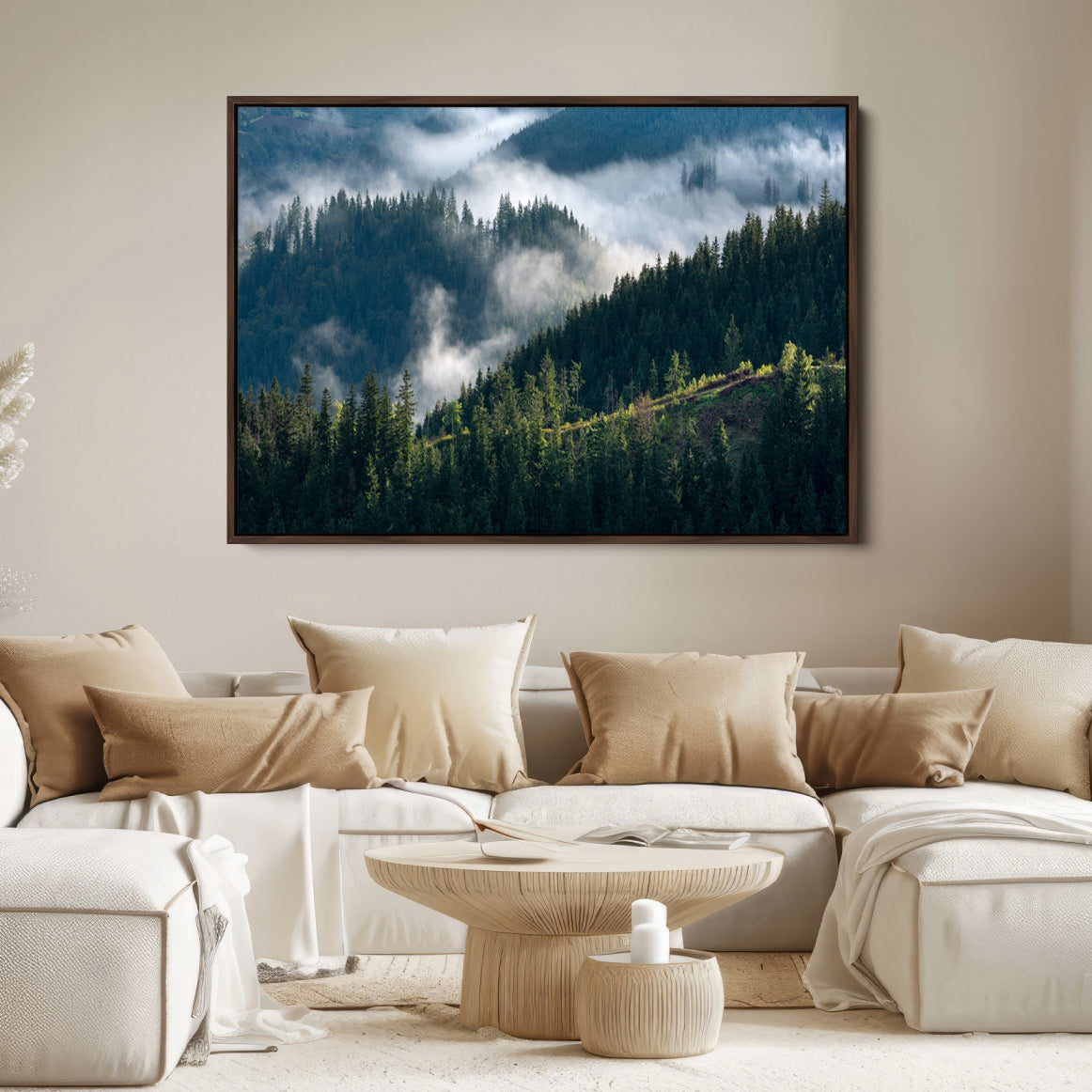 84598503-MGV-FC-36X24-Misty Forest Wall Art Canvas Print – Pine Hills Foggy Woodland Moody Atmosphere Nature Artwork for Home Office