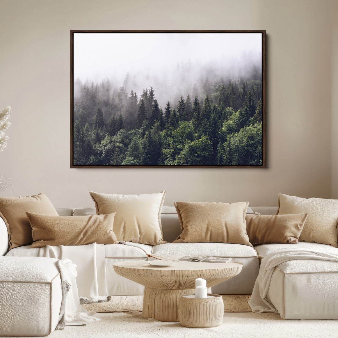 62890402-MGV-FC-36X24-Misty Forest Wall Art Canvas Print, Framed Foggy Pines Art Picture Print, Pine Valley Perfect Moody