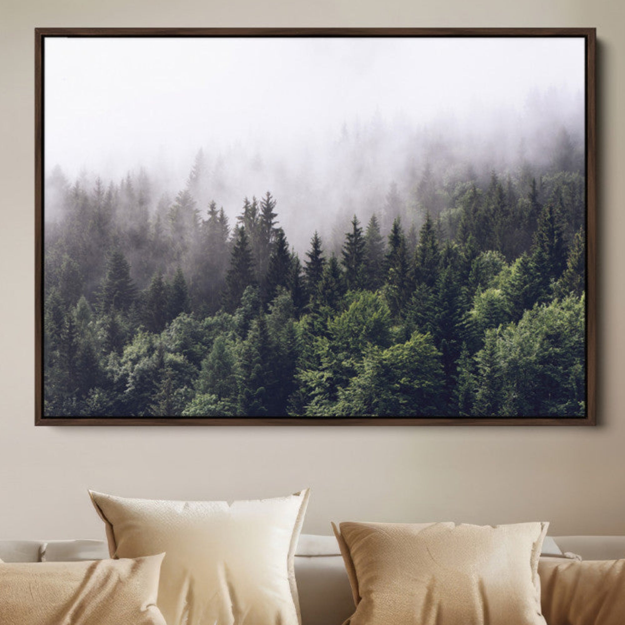 62890402-MGV-FC-36X24-Misty Forest Wall Art Canvas Print – Foggy Pines Pine Valley Moody Landscape Nature Artwork for Home Office