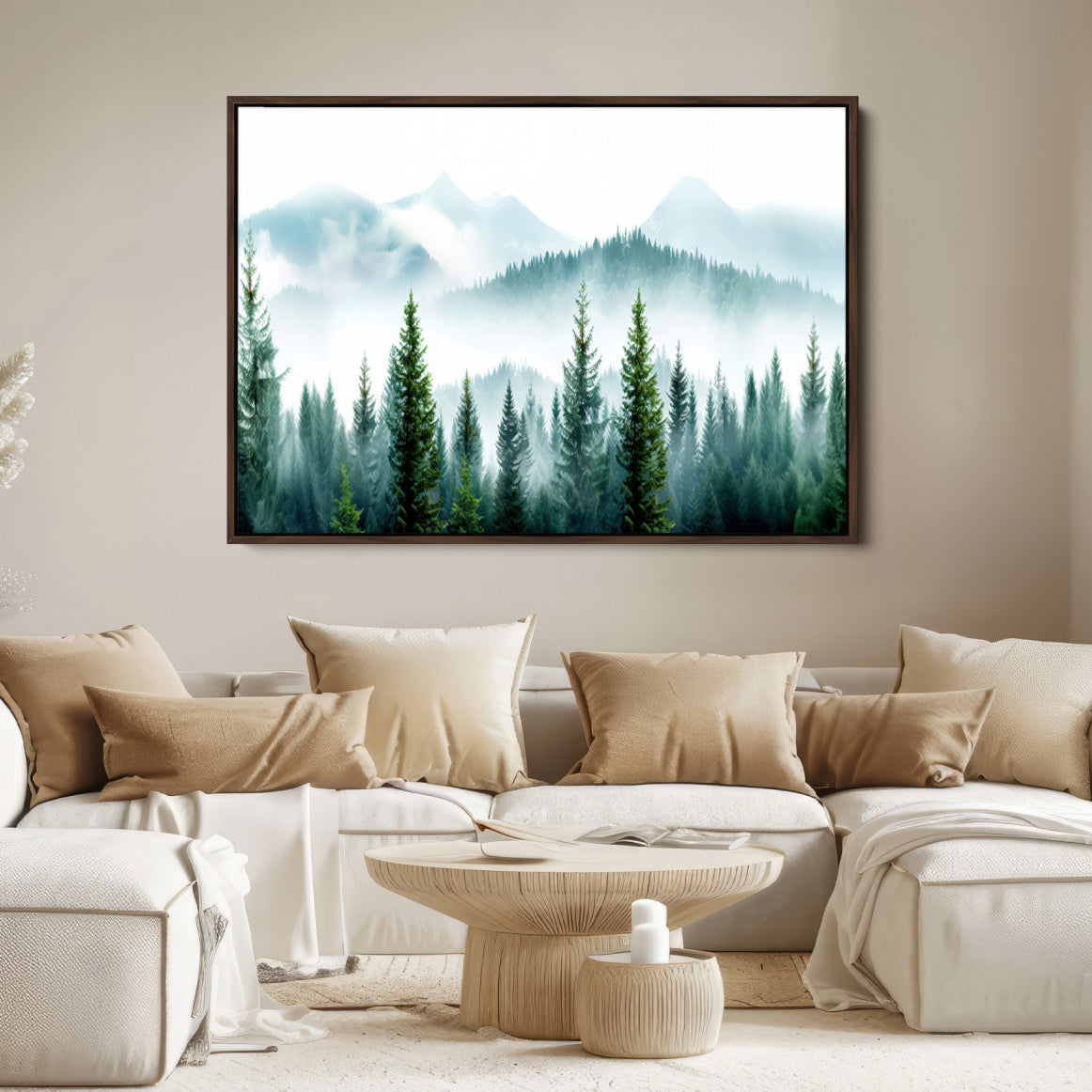 16716676-MGV-FC-36X24-Pine Forest Wall Art Canvas Print, Framed Misty Mountains Art Picture Print, Foggy Trees Perfect