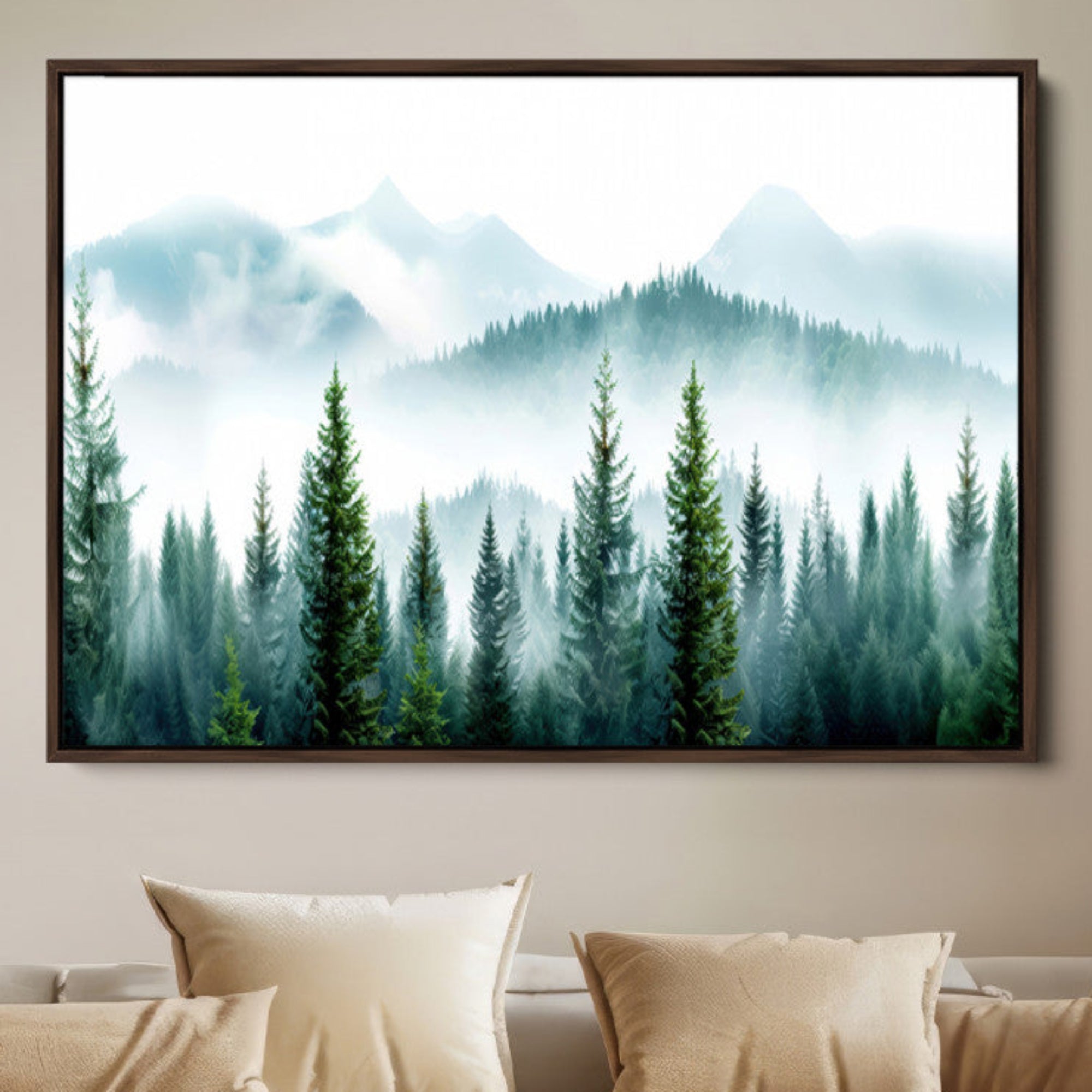 16716676-MGV-FC-36X24-Pine Forest Wall Art Canvas Print – Misty Mountains Foggy Trees Serene Woodland Landscape Artwork for Home Office