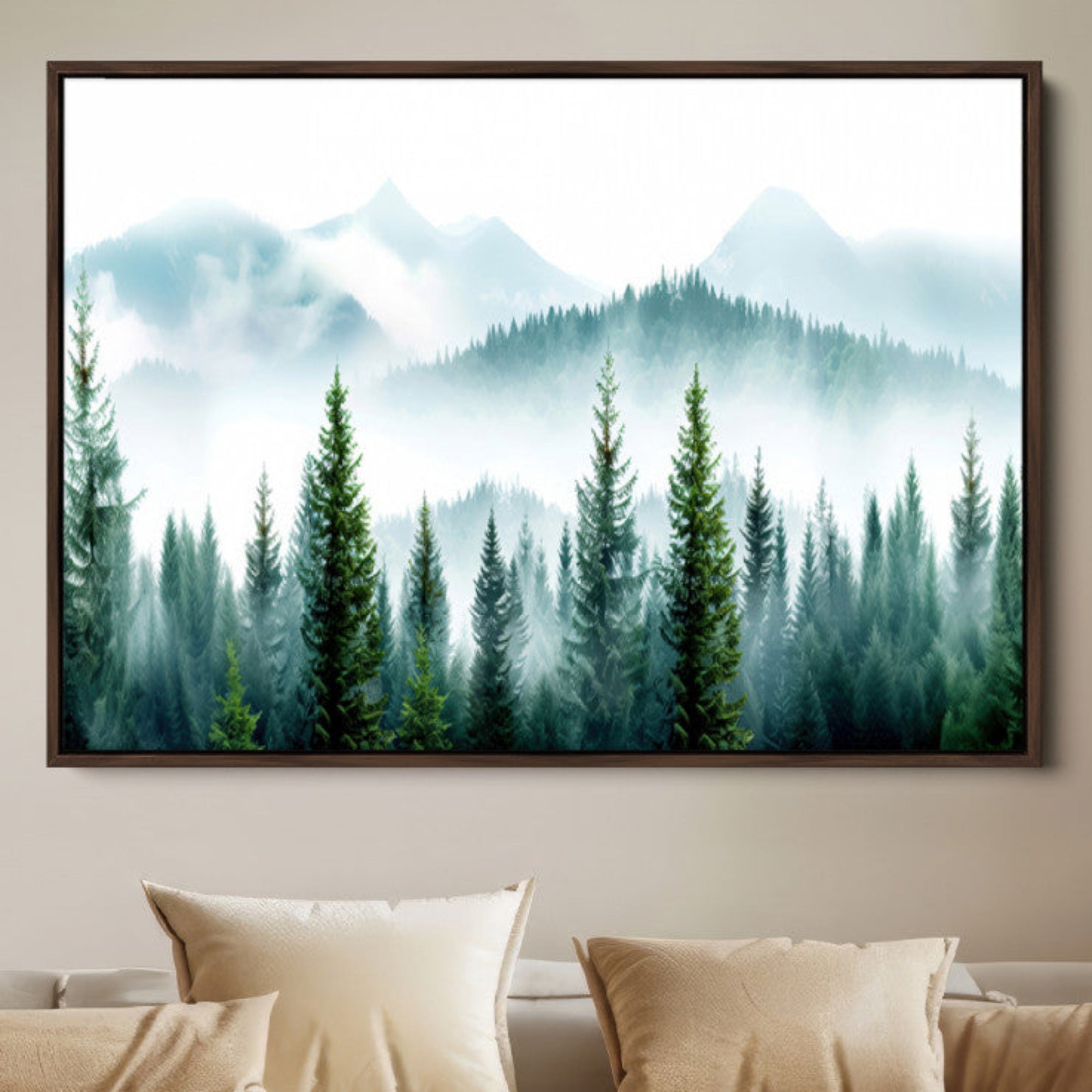 16716676-MGV-FC-36X24-Pine Forest Wall Art Canvas Print – Misty Mountains Foggy Trees Serene Woodland Nature Artwork for Home Office