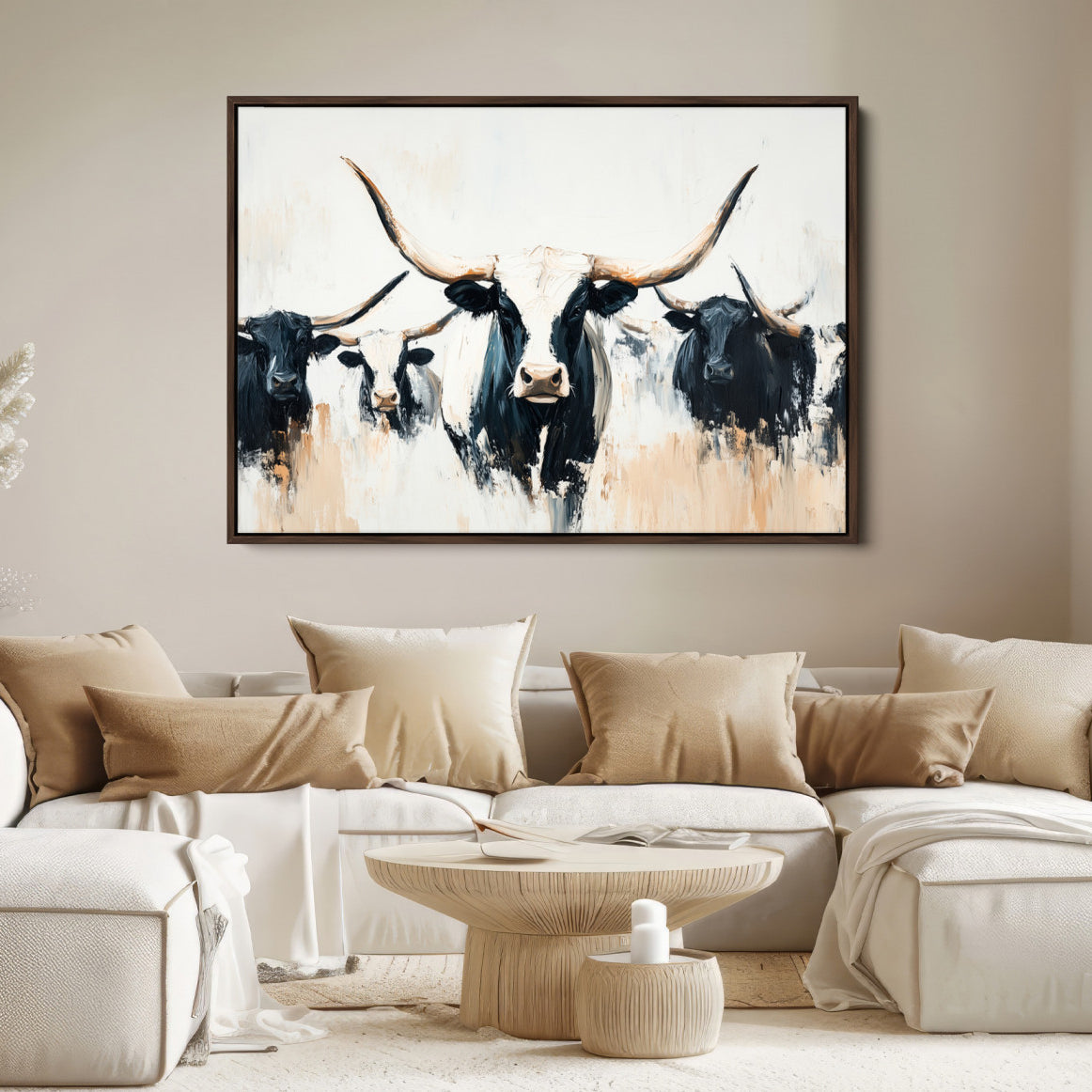 94780606-MGV-FC-36X24-Texas Longhorn Wall Art Canvas Print, Framed Western Cattle Art Picture Print, Horned Bull Perfect