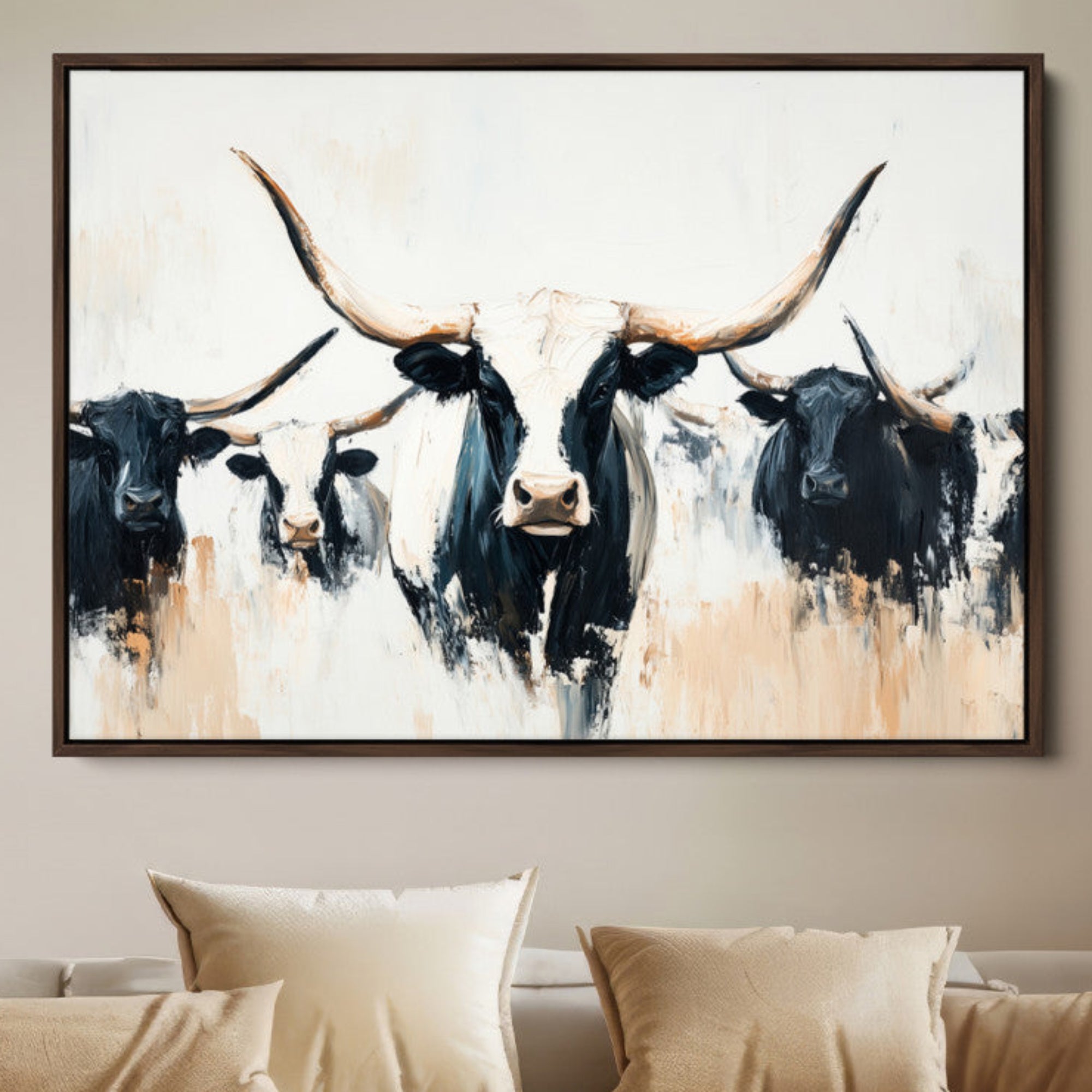 94780606-MGV-FC-36X24-Texas Longhorn Wall Art Canvas Print, Framed Western Cattle Art Picture Print, Horned Bull Perfect