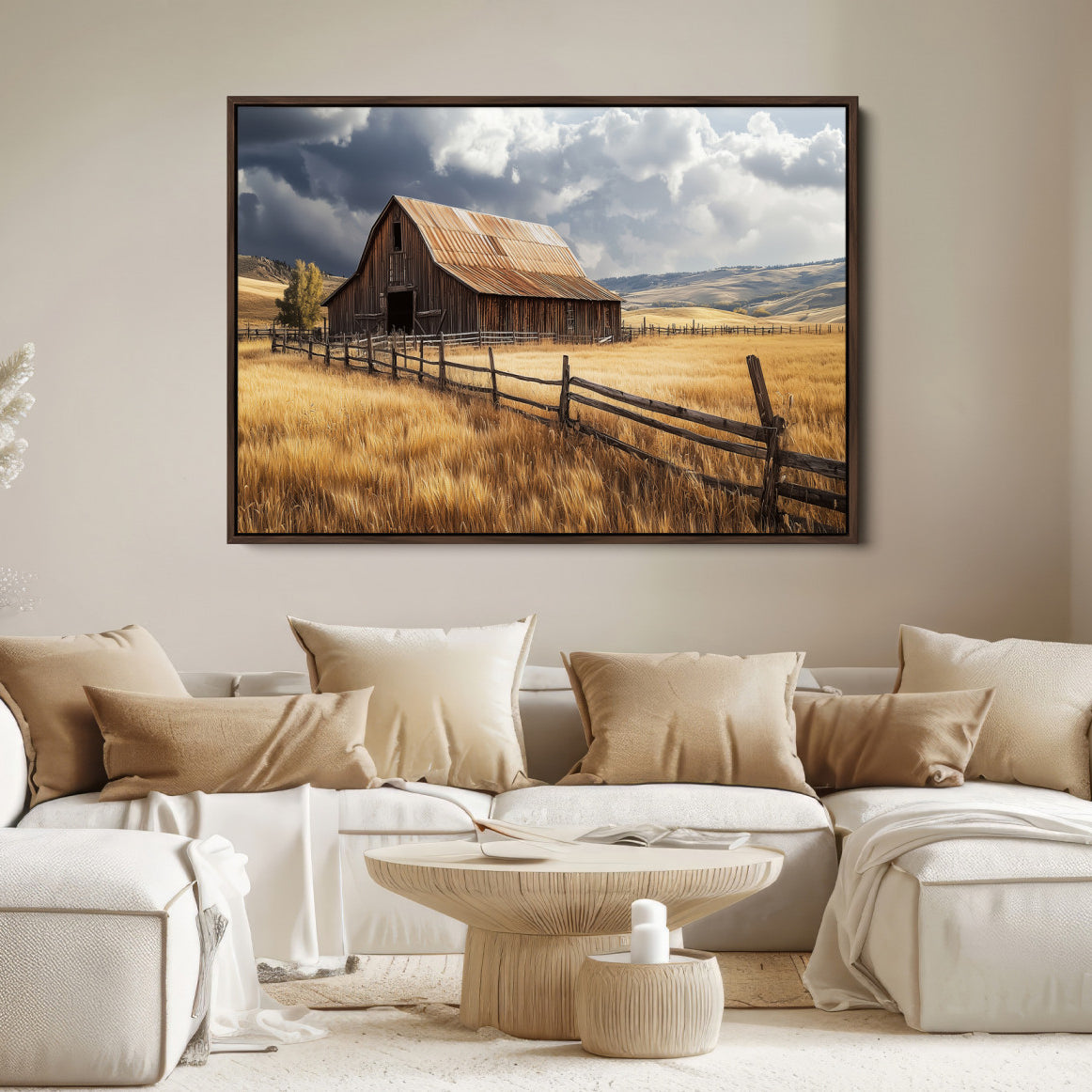 38758826-MGV-FC-36X24-Rustic Barn Wall Art Canvas Print – Framed Moody Barn Golden Field Countryside Farmhouse Landscape Artwork for Home Office