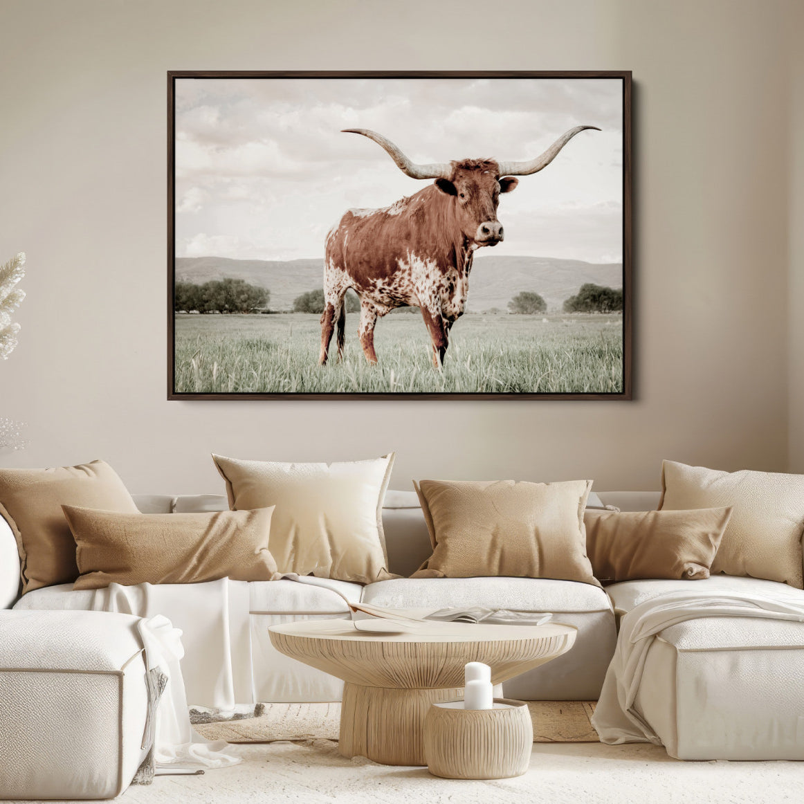 28309012-MGV-FC-36X24-Texas Longhorn Wall Art Canvas Print, Framed Spotted Cattle Art Picture Print, Horned Bull Perfect